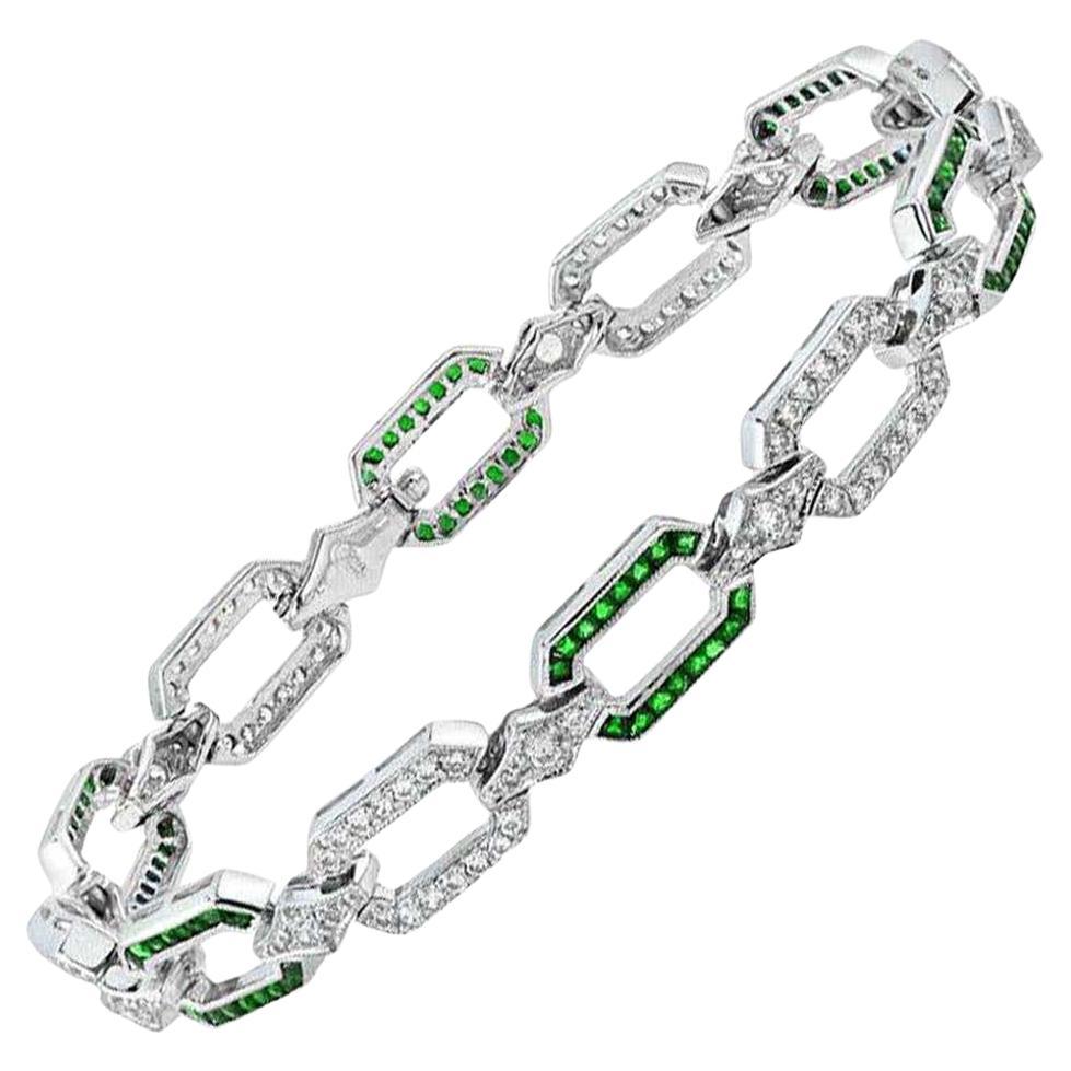 Bracelet chaîne de style Art déco en or blanc 18 carats avec émeraudes et diamants