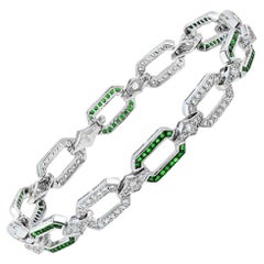 Bracelet chaîne de style Art déco en or blanc 18 carats avec émeraudes et diamants