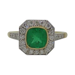 Emerald and Diamond Art Deco Style Cluster Ring 18 Karat Yellow and White Gold
