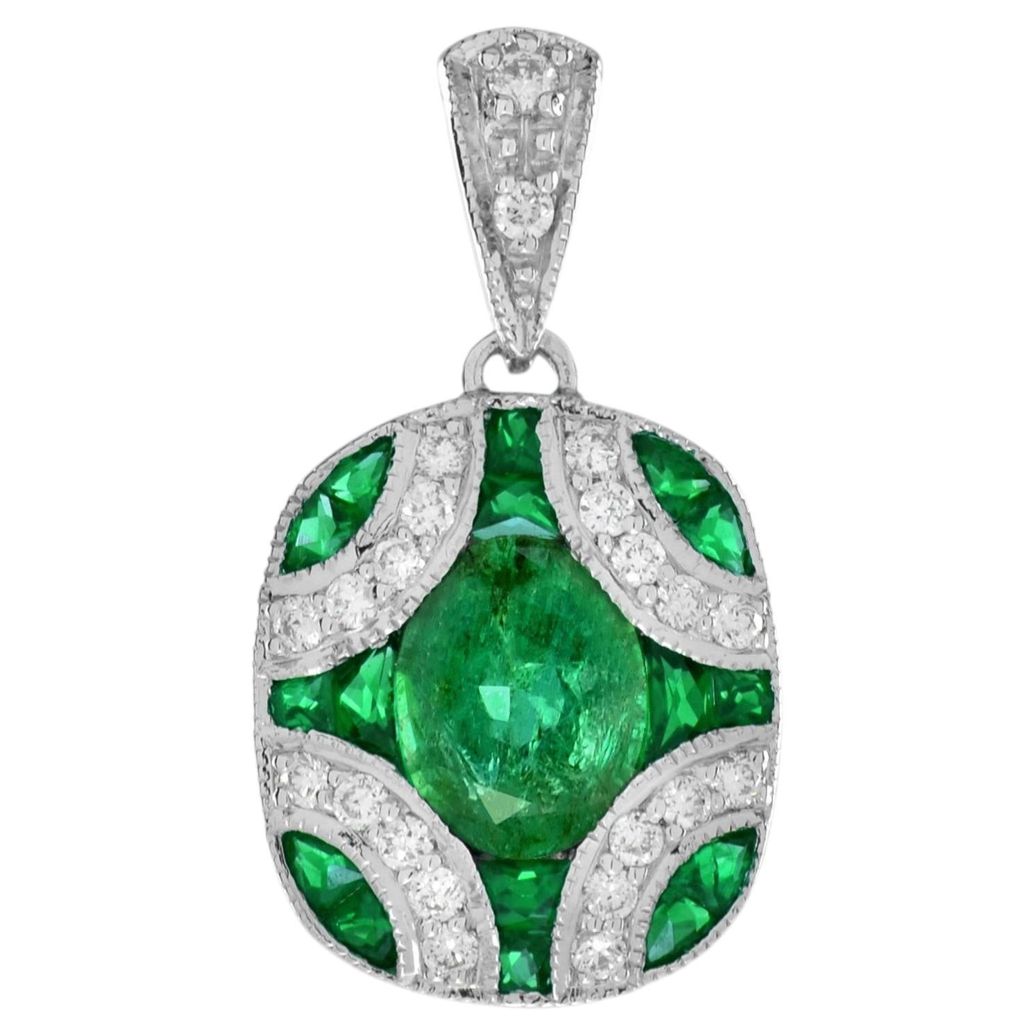 Emerald and Diamond Art Deco Style Cushion Pendant in 18K Yellow Gold