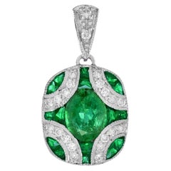 Anhänger im Art-Déco-Stil mit Smaragd und Diamanten in 18-karätigem Gelbgold