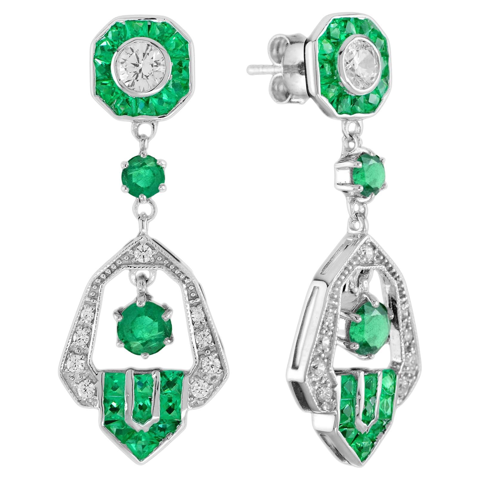 Emerald and Diamond Art Deco Style Dangle Earrings in 18K White Gold