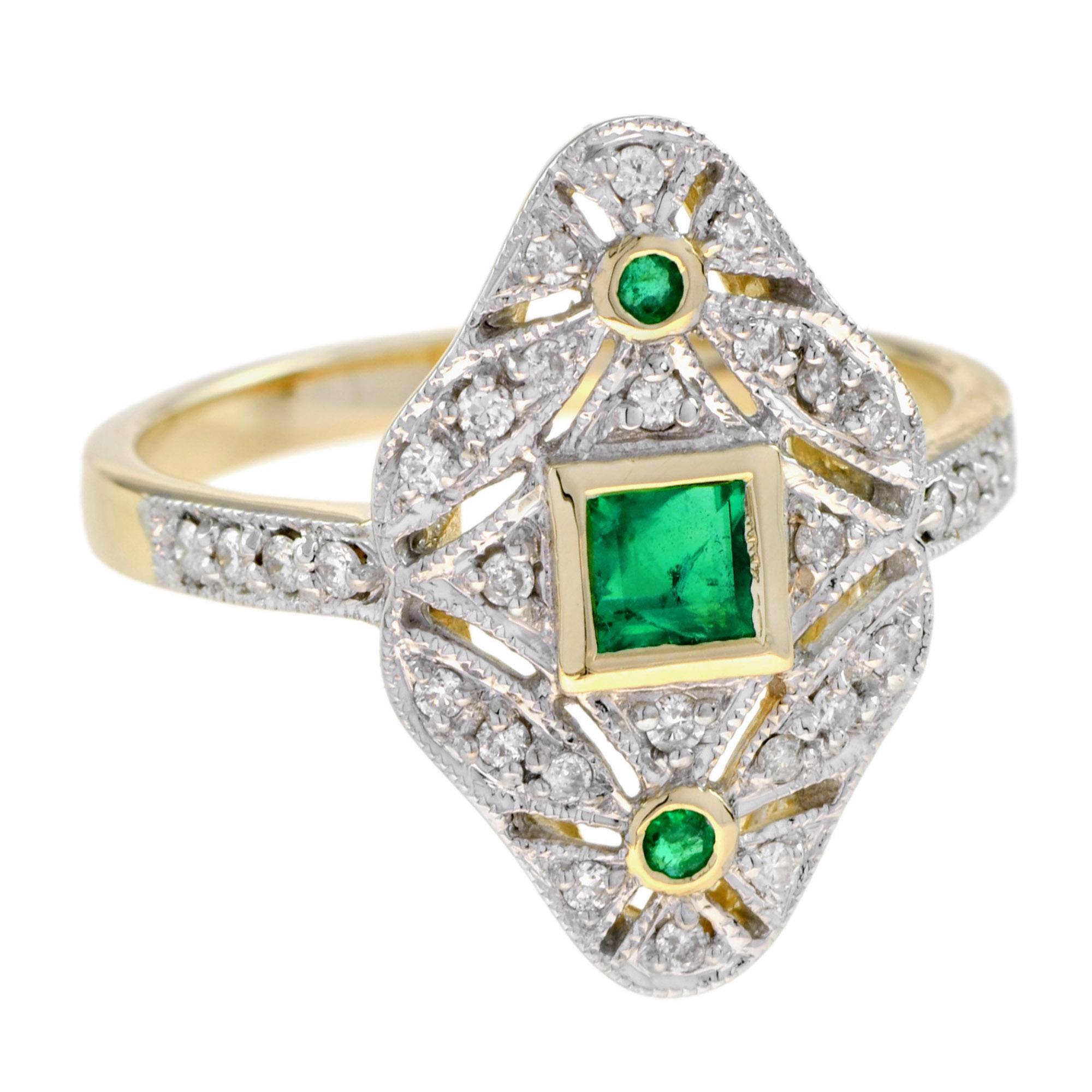 Showcase refined elegance with this Emerald and Diamond Art Deco Style Dinner Ring. Featuring a striking square emerald at the center, accented by small diamonds and two more round emeralds positioned gracefully above and below. This balanced design