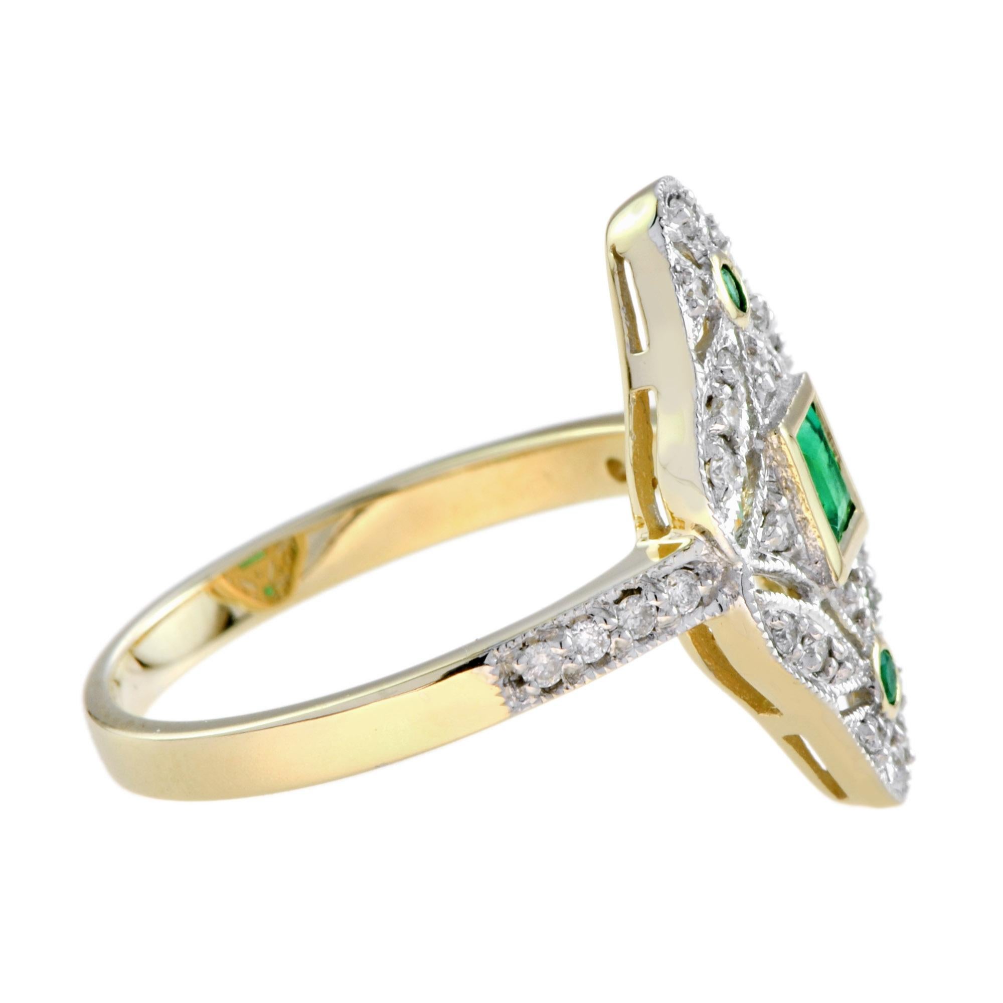 Square Cut Emerald and Diamond Art Deco Style Dinner Ring in 14K Two Tone Gold For Sale