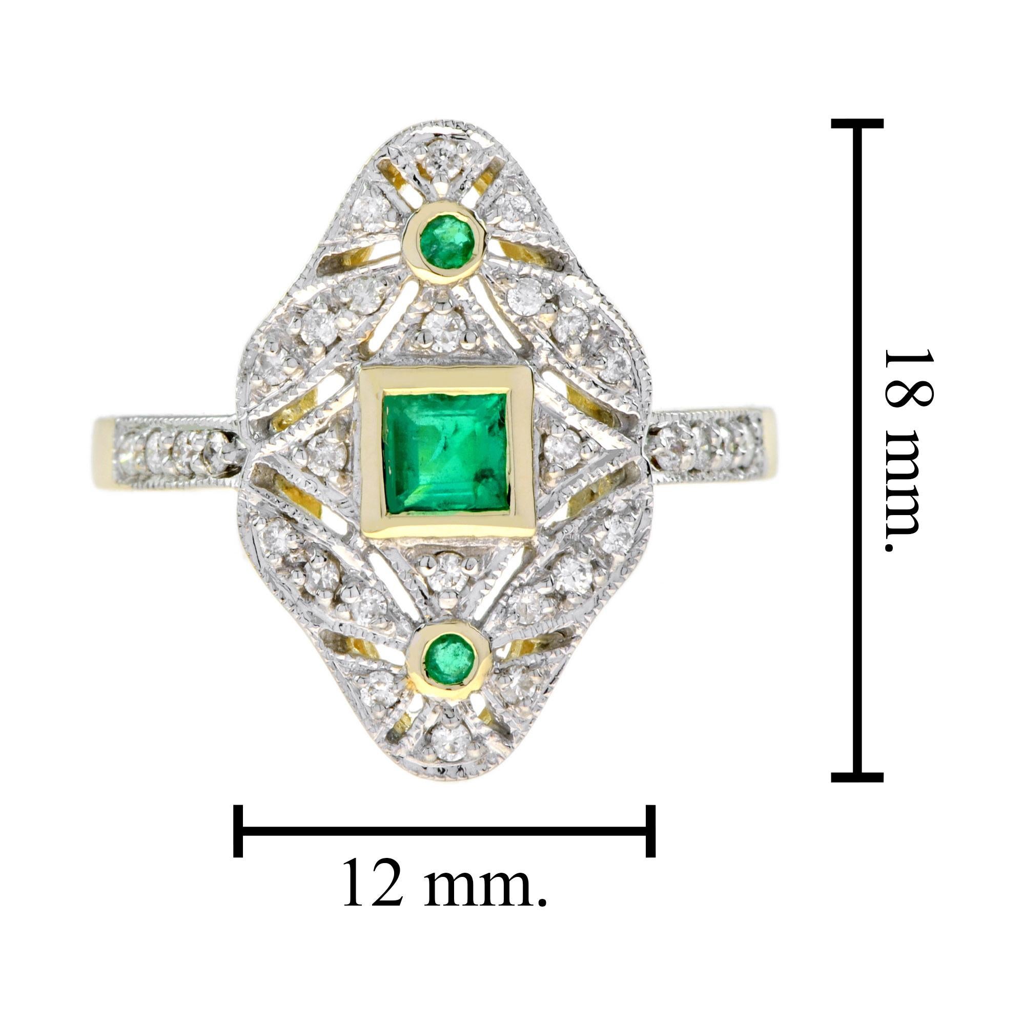 Emerald and Diamond Art Deco Style Dinner Ring in 14K Two Tone Gold For Sale 1