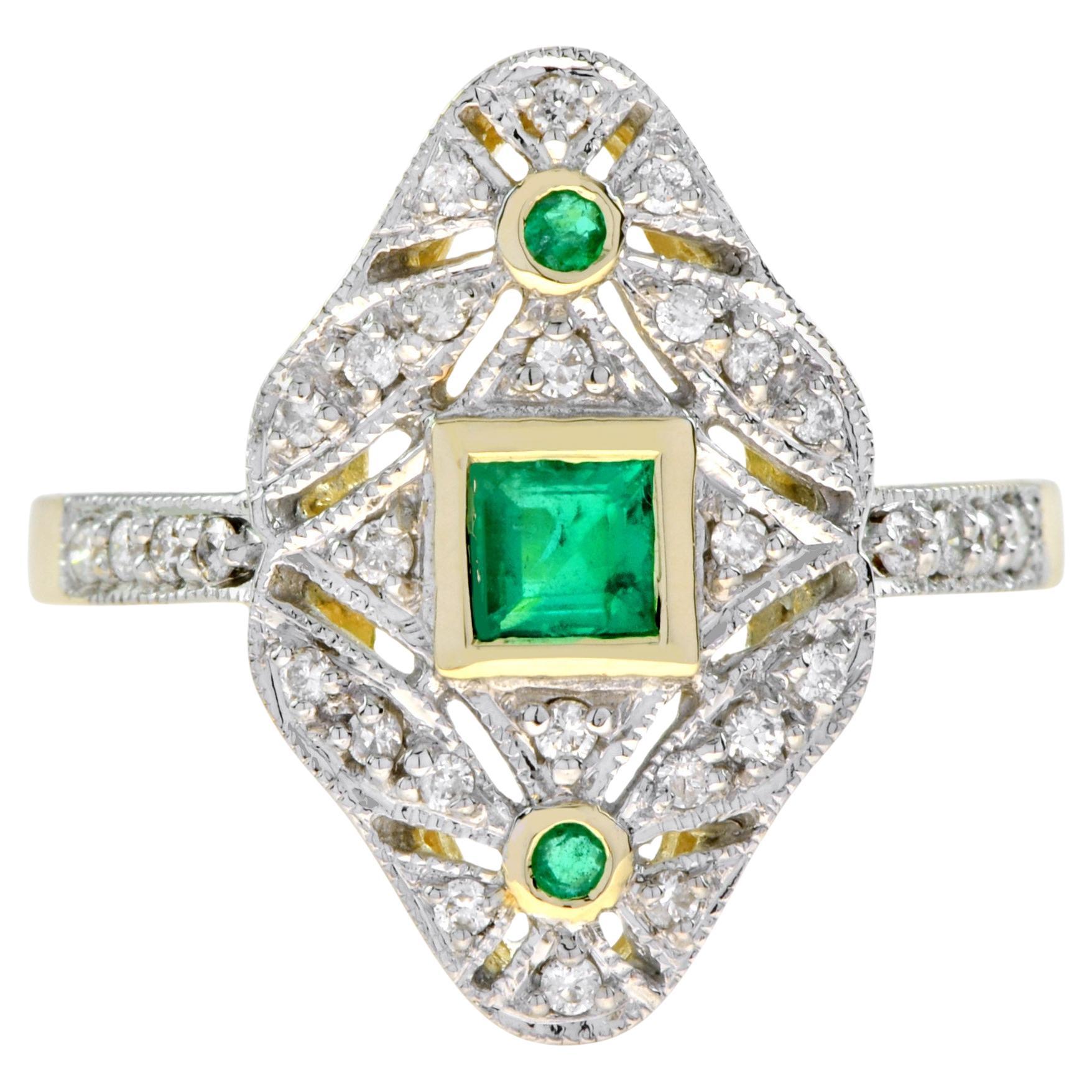 Emerald and Diamond Art Deco Style Dinner Ring in 14K Two Tone Gold For Sale