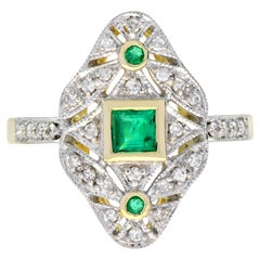 Emerald and Diamond Art Deco Style Dinner Ring in 14K Two Tone Gold