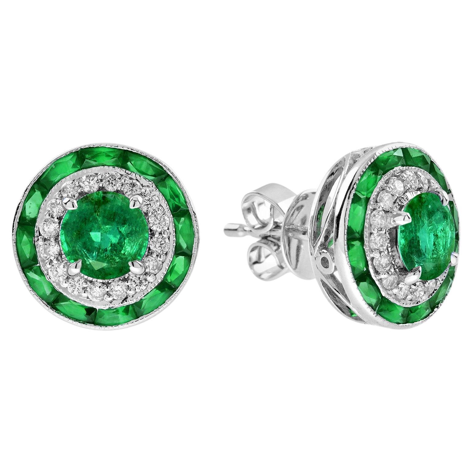 Emerald and Diamond Art Deco Style Double Halo Stud Earrings in 18K White Gold