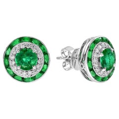Emerald and Diamond Art Deco Style Double Halo Stud Earrings in 18K White Gold