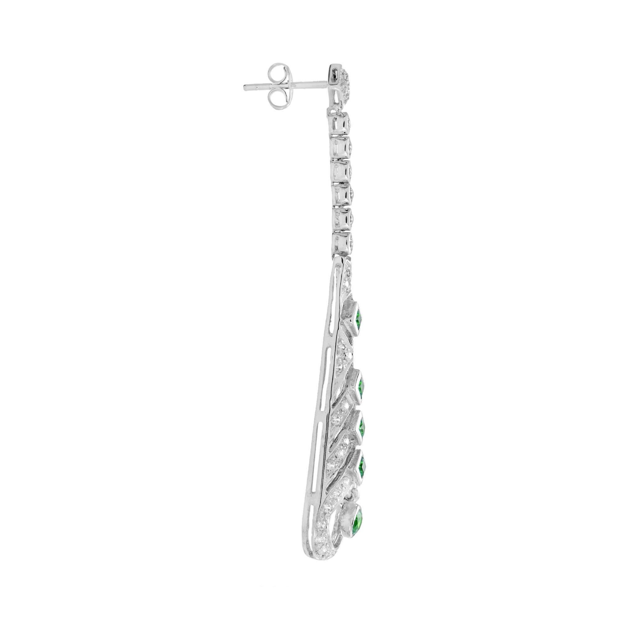 Round Cut Emerald and Diamond Art Deco Style Drop Earrings in 18K White Gold For Sale