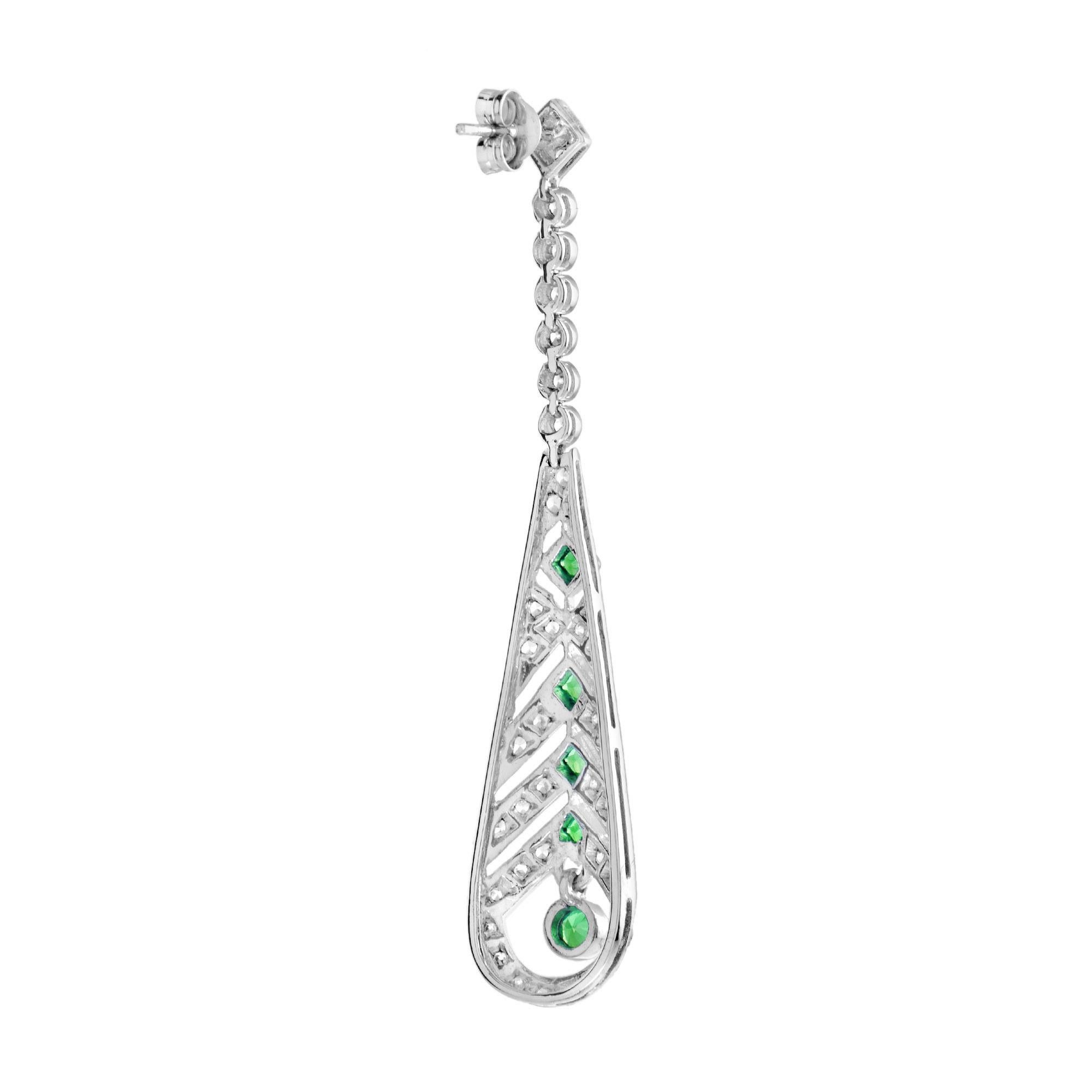 Emerald and Diamond Art Deco Style Drop Earrings in 18K White Gold In New Condition For Sale In Bangkok, TH