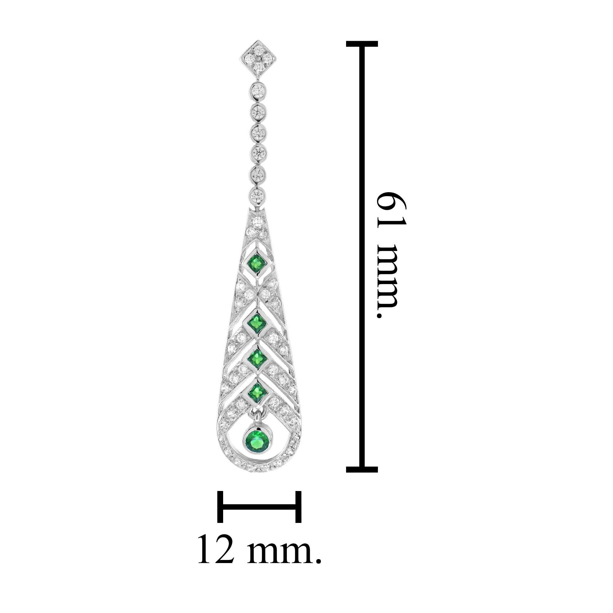 Women's Emerald and Diamond Art Deco Style Drop Earrings in 18K White Gold For Sale