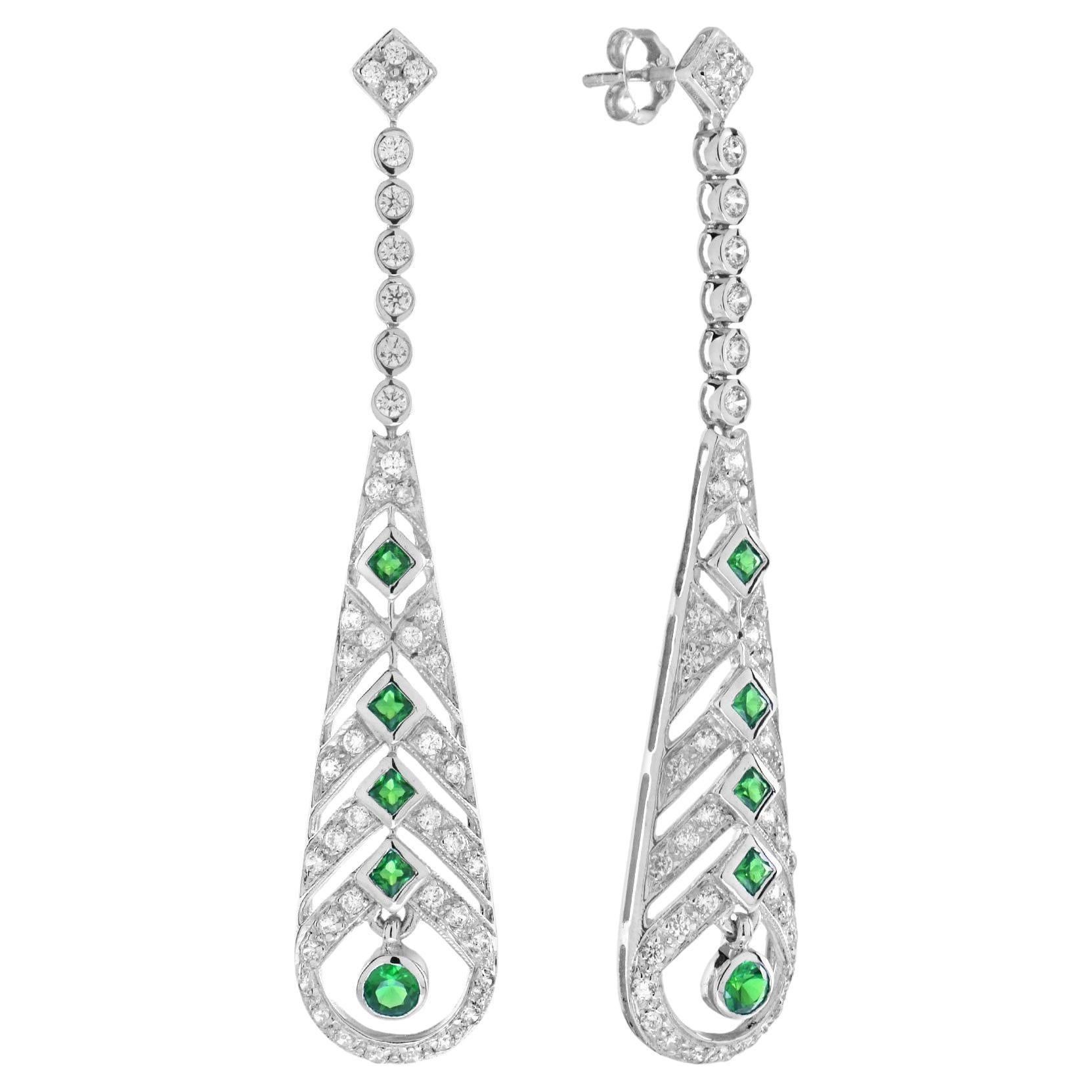 Emerald and Diamond Art Deco Style Drop Earrings in 18K White Gold For Sale