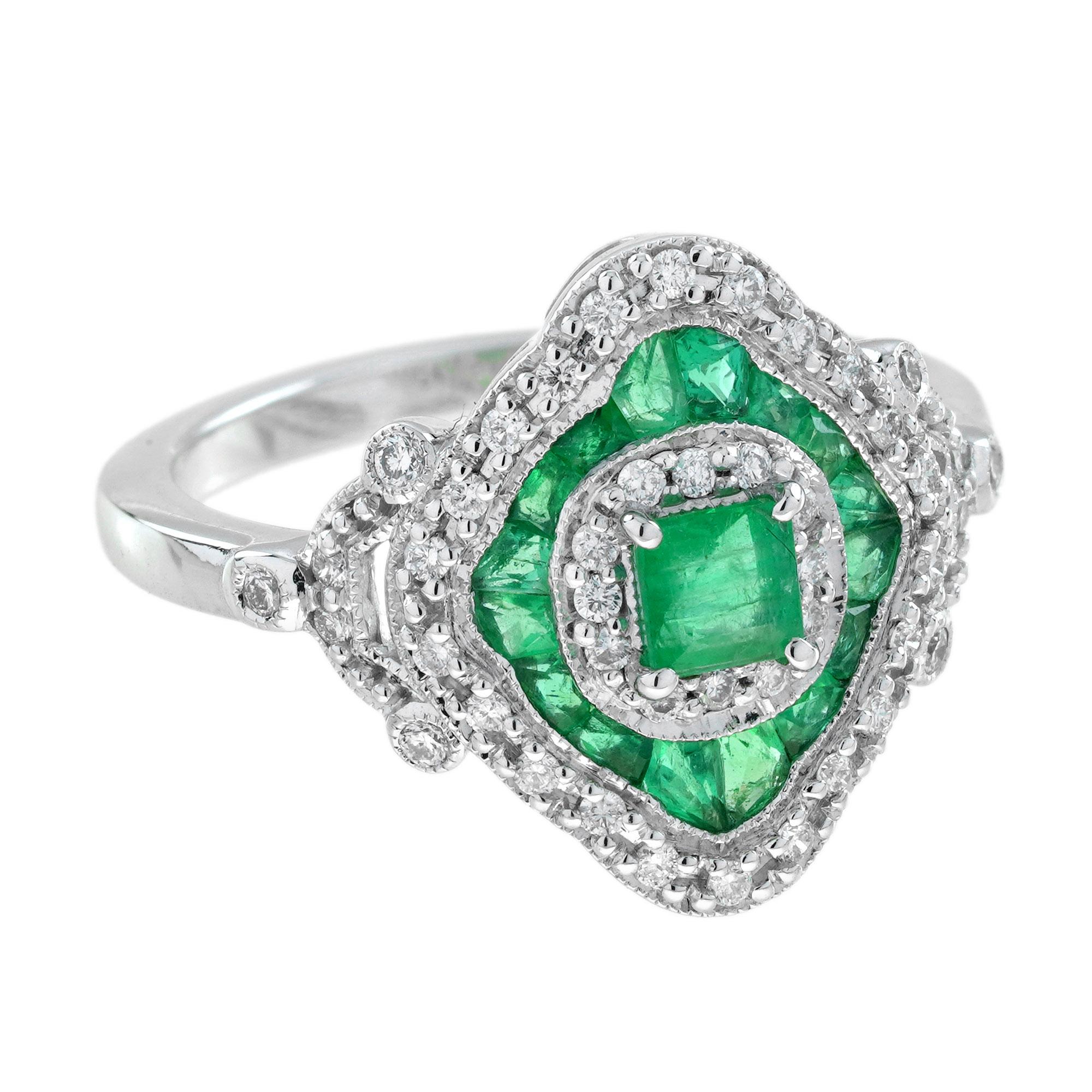 Hexagon Cut Emerald and Diamond Art Deco Style Engagement Ring in 14K White Gold For Sale