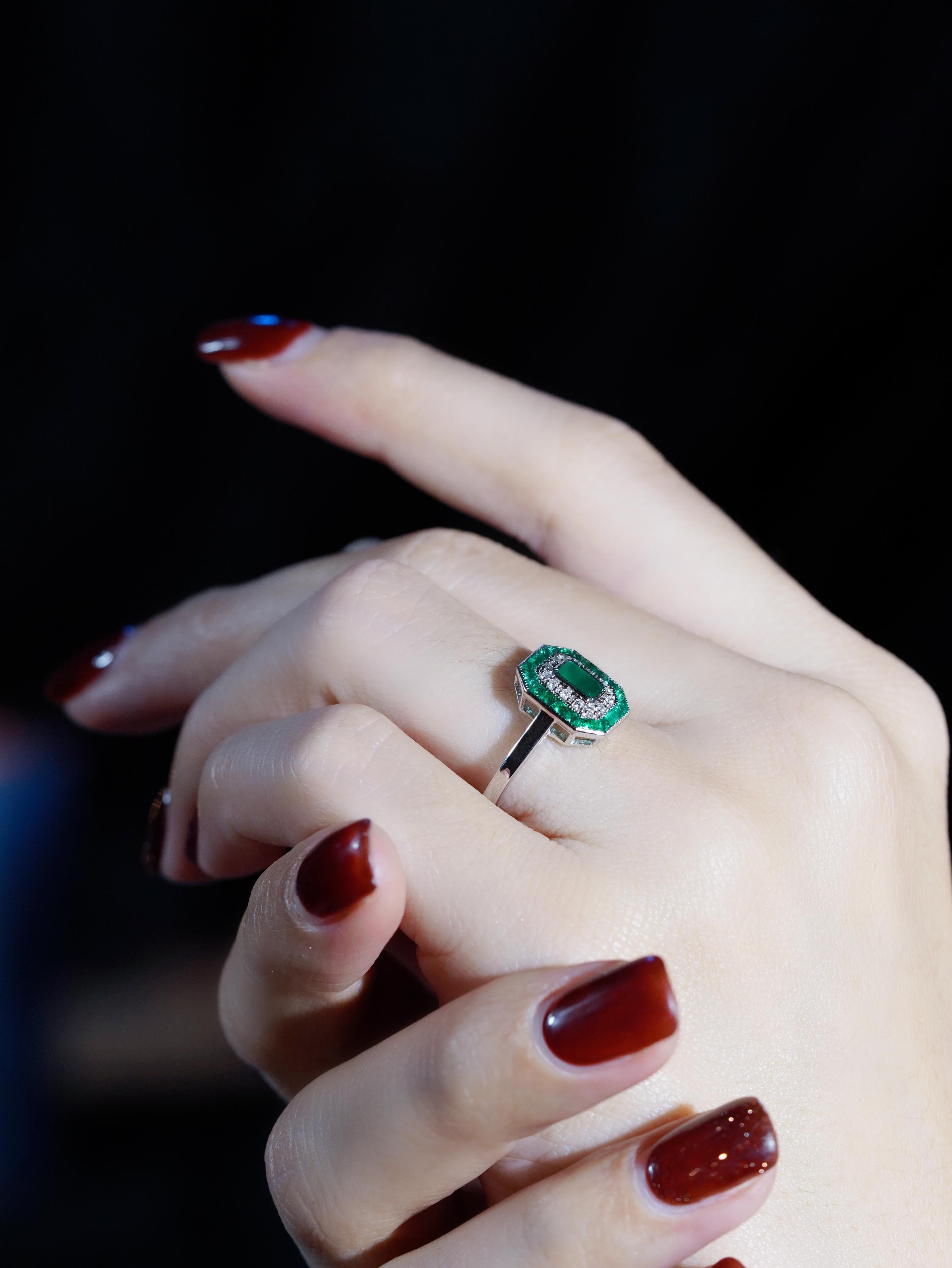 Emerald Cut Emerald and Diamond Art Deco Style Engagement Ring in 14K White Gold For Sale