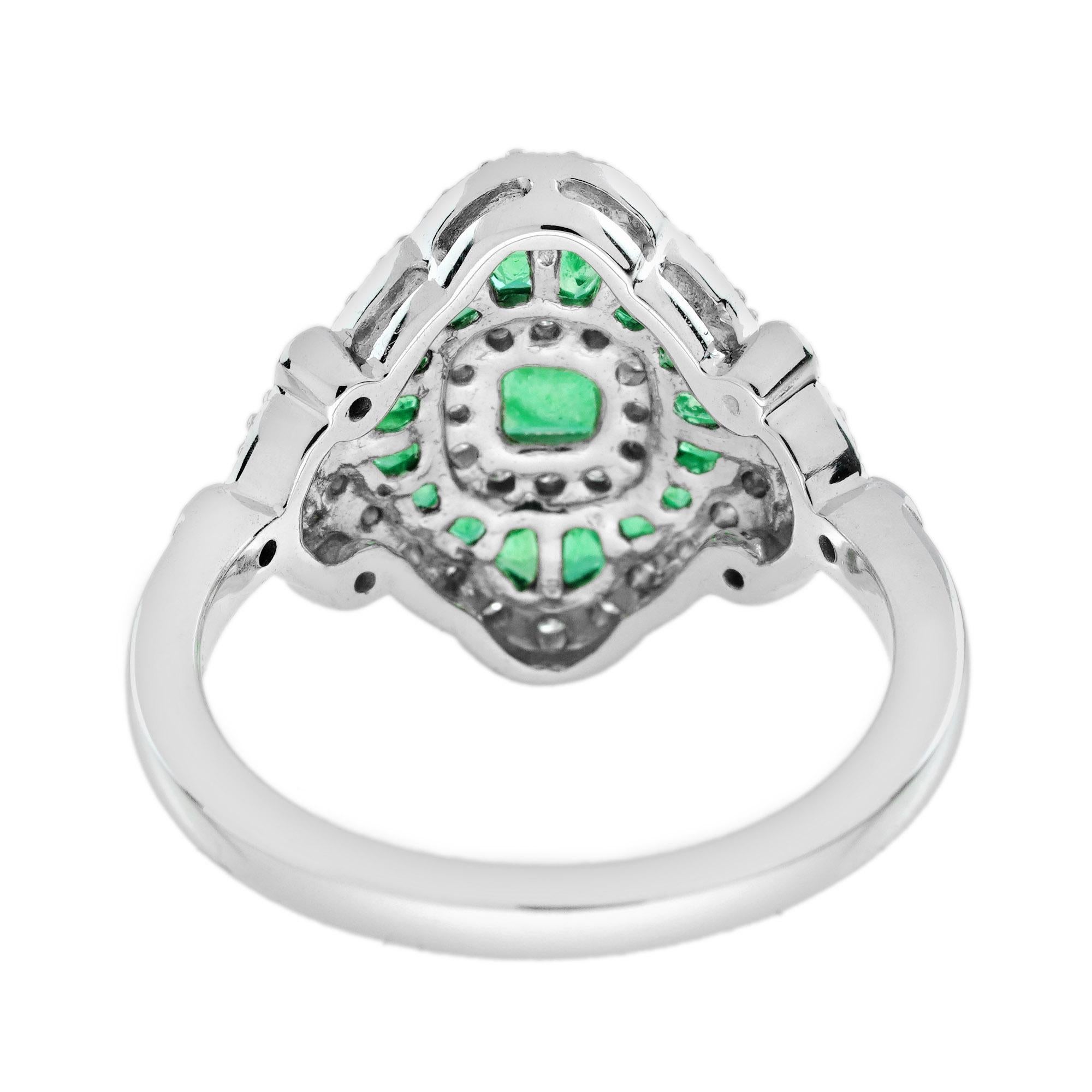 Women's Emerald and Diamond Art Deco Style Engagement Ring in 14K White Gold For Sale