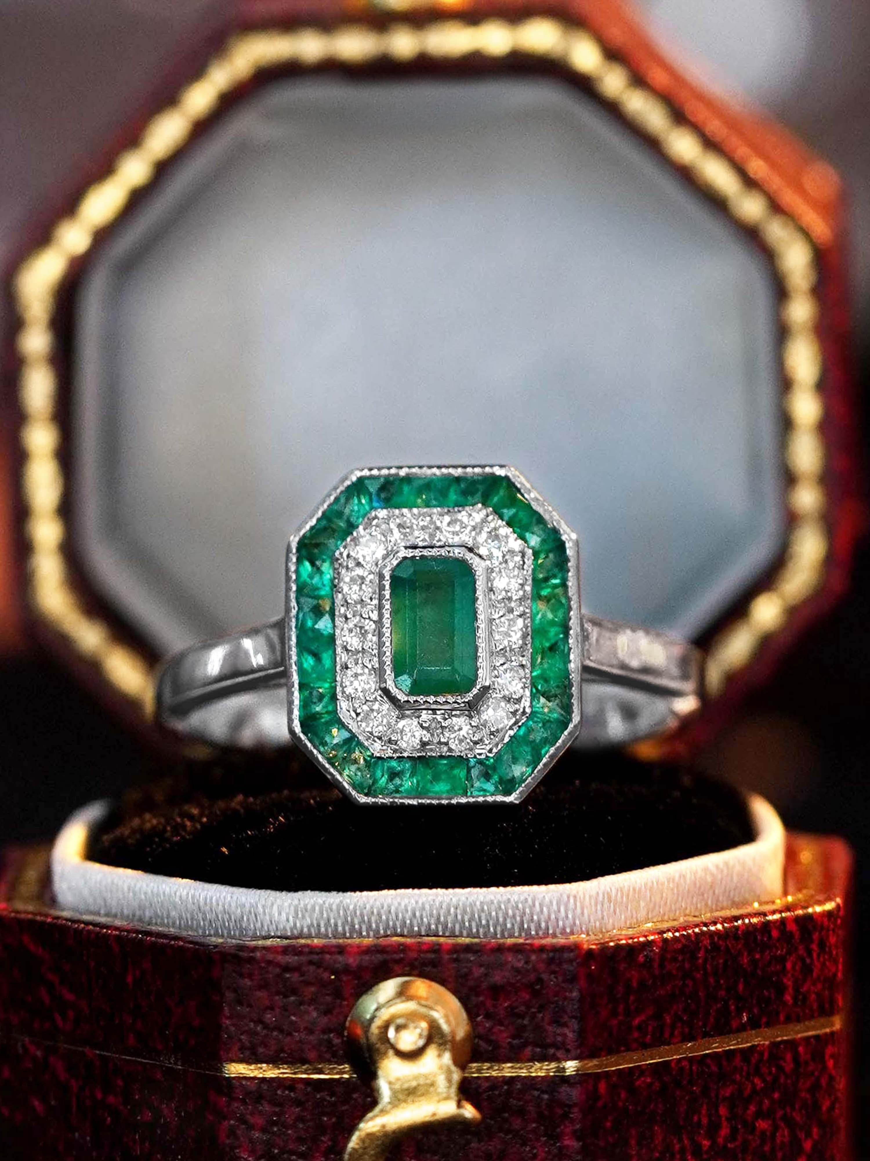 Women's Emerald and Diamond Art Deco Style Engagement Ring in 14K White Gold For Sale