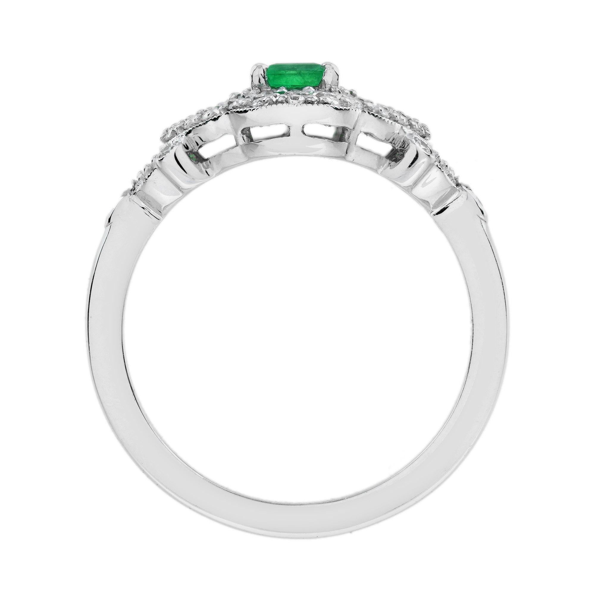 Emerald and Diamond Art Deco Style Engagement Ring in 14K White Gold For Sale 1