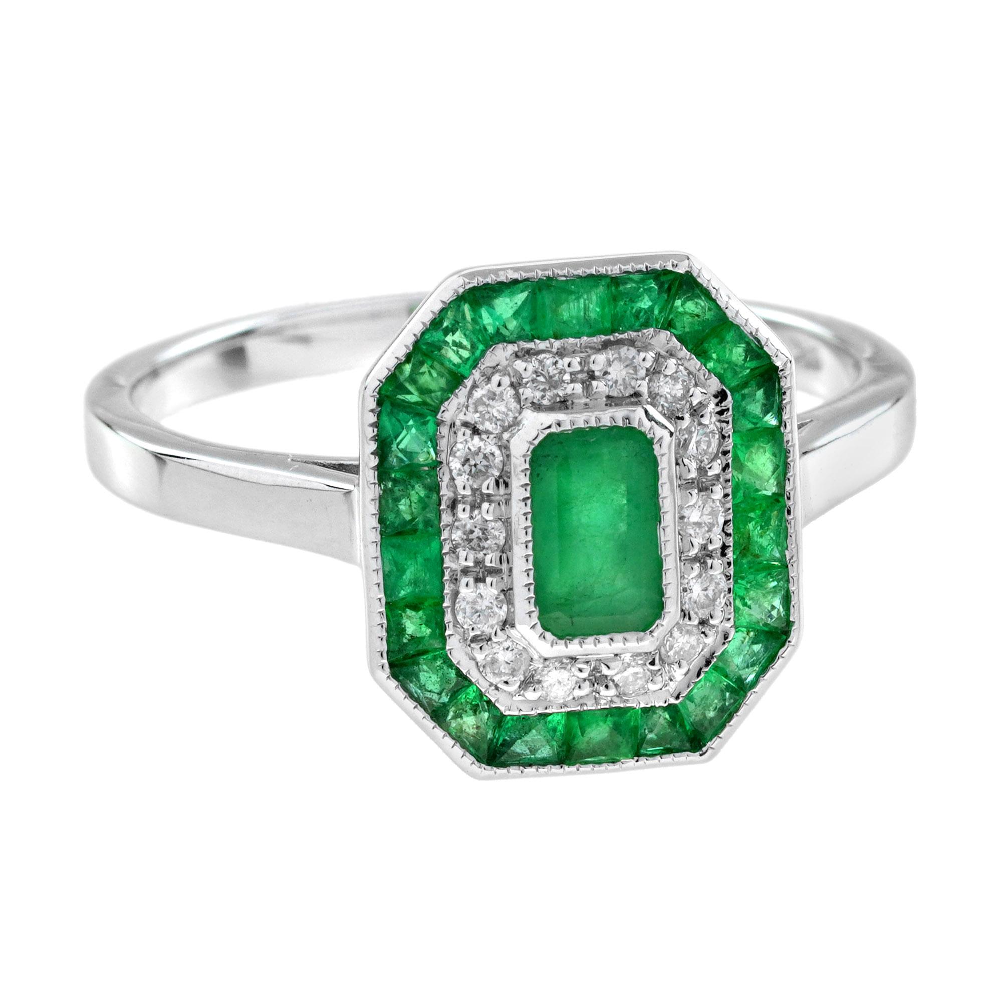 Emerald and Diamond Art Deco Style Engagement Ring in 14K White Gold For Sale 1