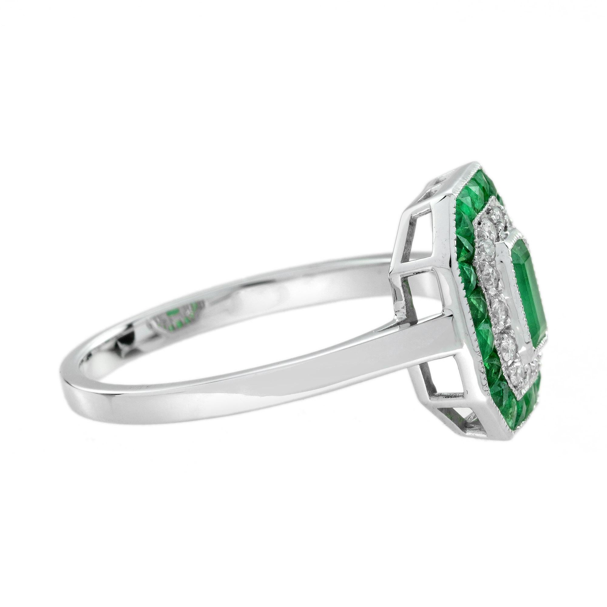 Emerald and Diamond Art Deco Style Engagement Ring in 14K White Gold For Sale 2