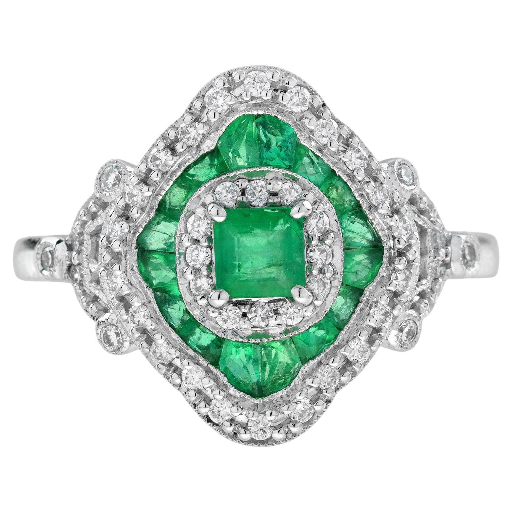 Emerald and Diamond Art Deco Style Engagement Ring in 14K White Gold