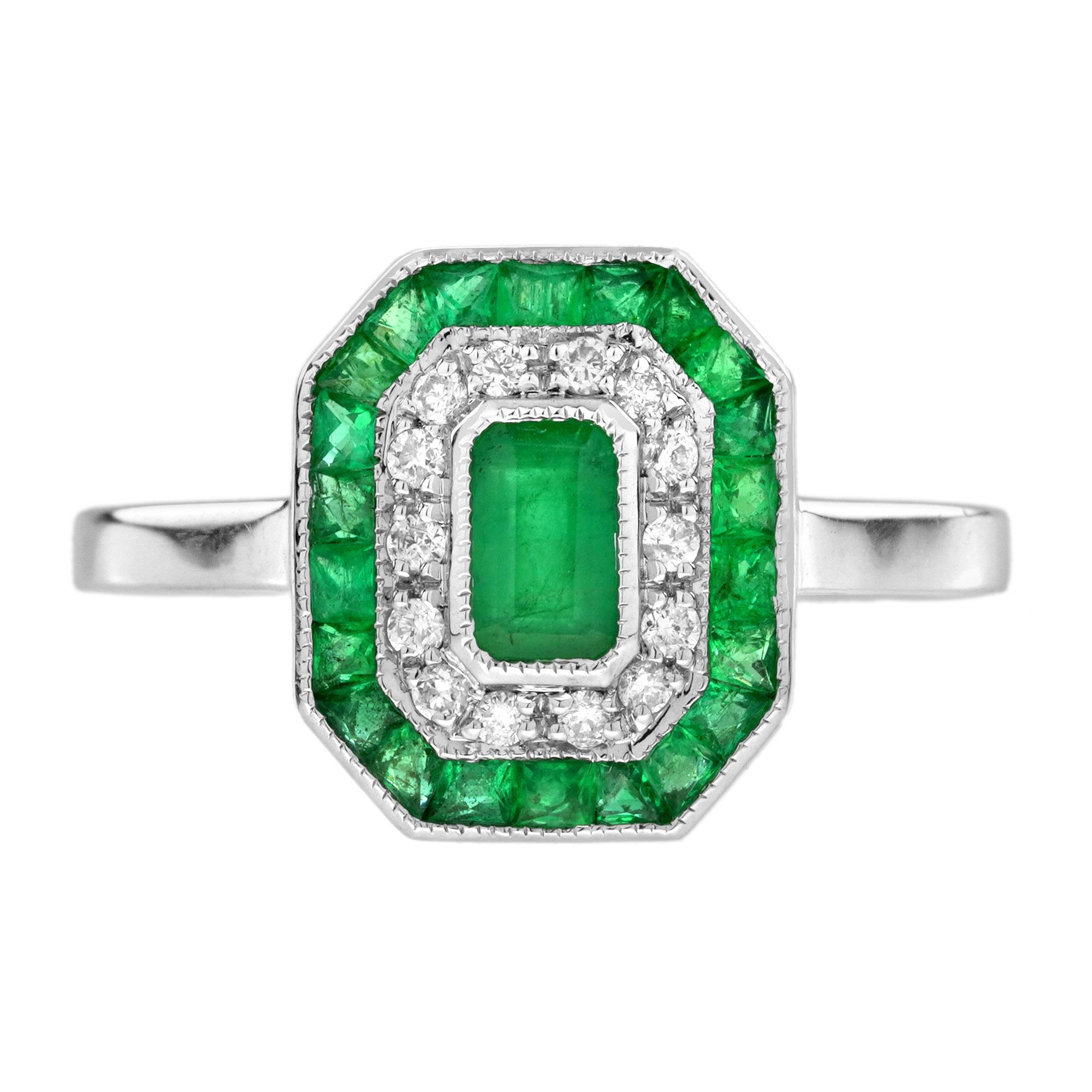 Emerald and Diamond Art Deco Style Engagement Ring in 14K White Gold For Sale