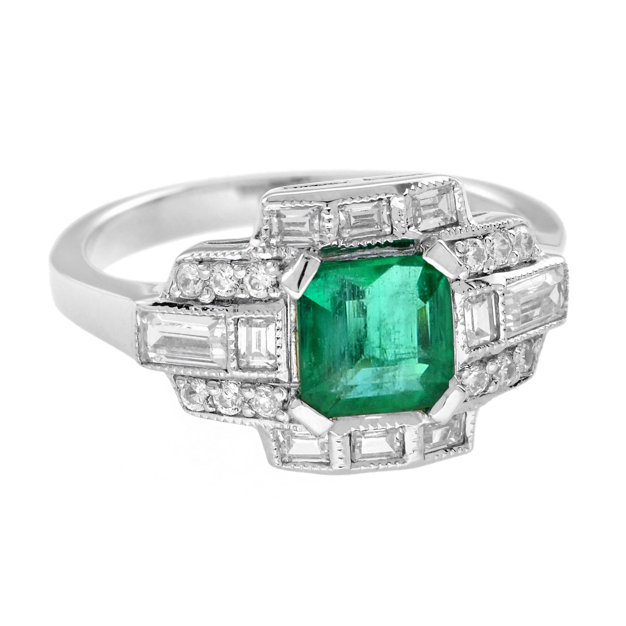 Asscher Cut Emerald and Diamond Art Deco Style Engagement Ring in 18K White Gold For Sale