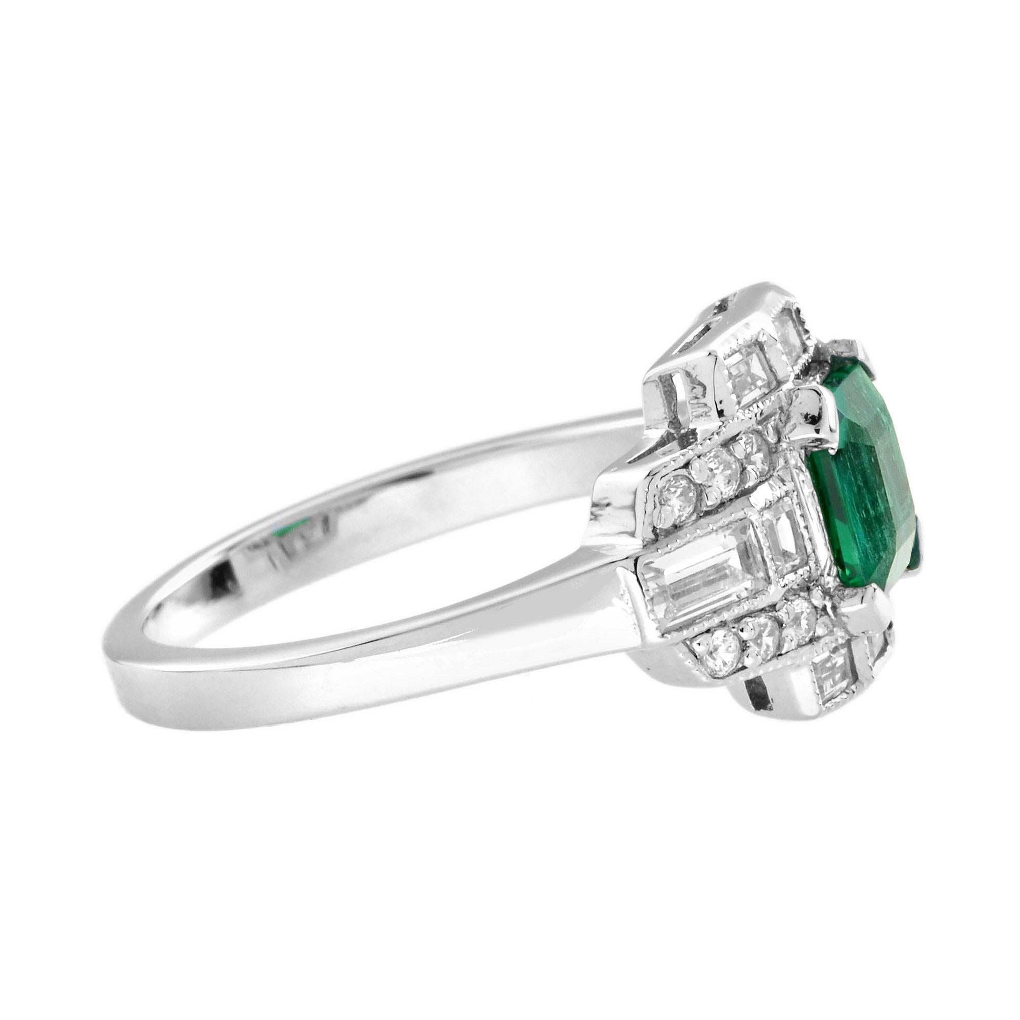 Emerald and Diamond Art Deco Style Engagement Ring in 18K White Gold In New Condition For Sale In Bangkok, TH
