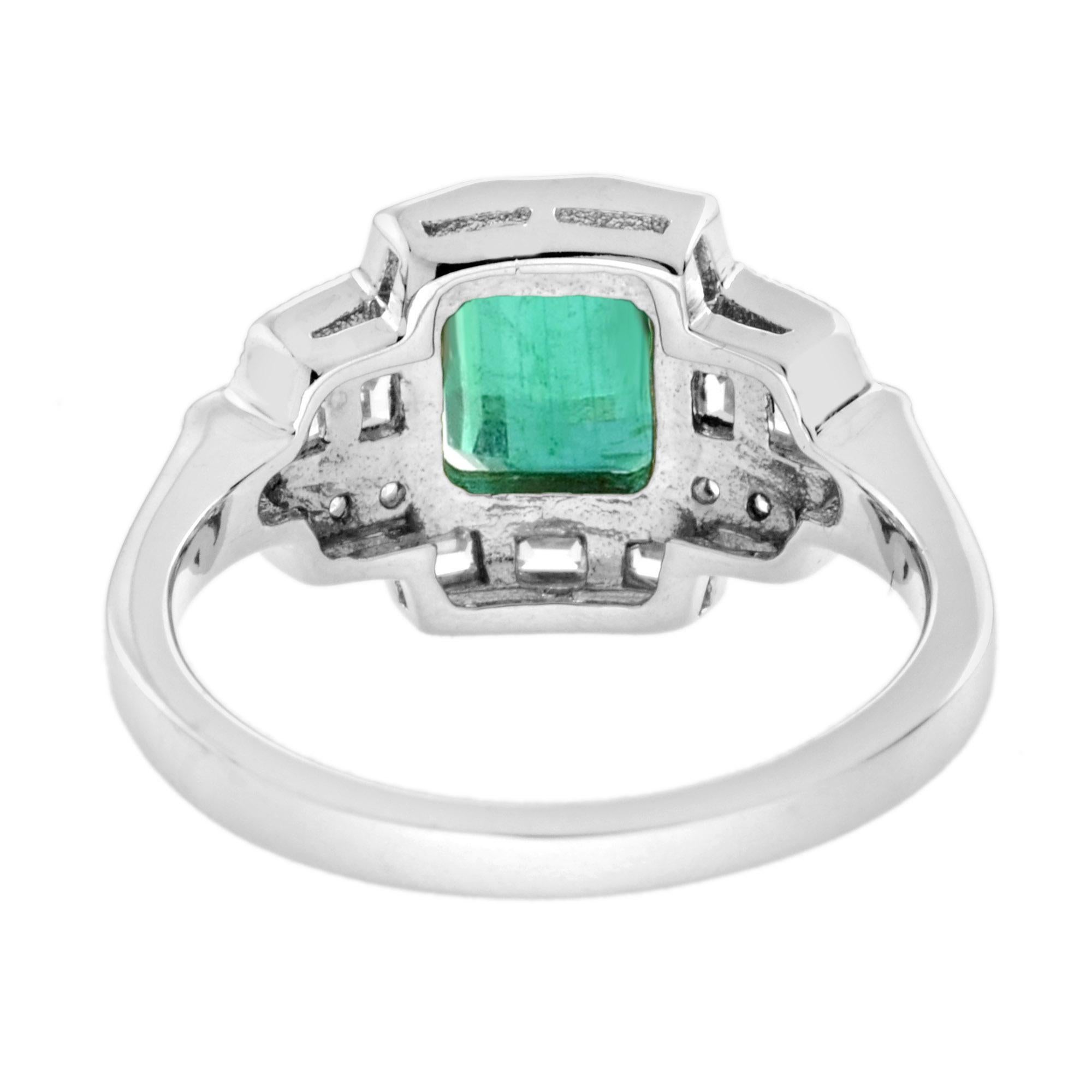 Women's Emerald and Diamond Art Deco Style Engagement Ring in 18K White Gold For Sale