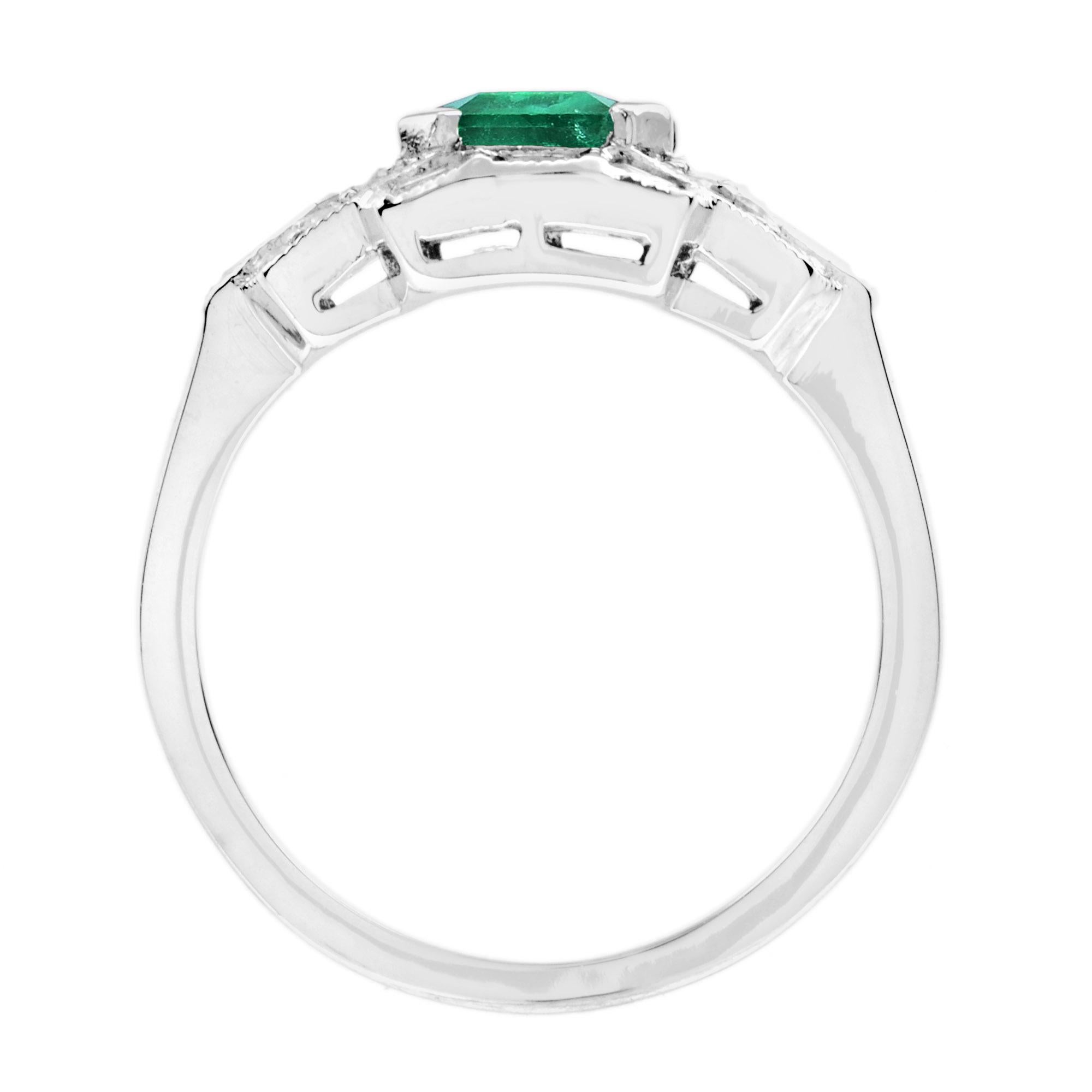 Emerald and Diamond Art Deco Style Engagement Ring in 18K White Gold For Sale 1