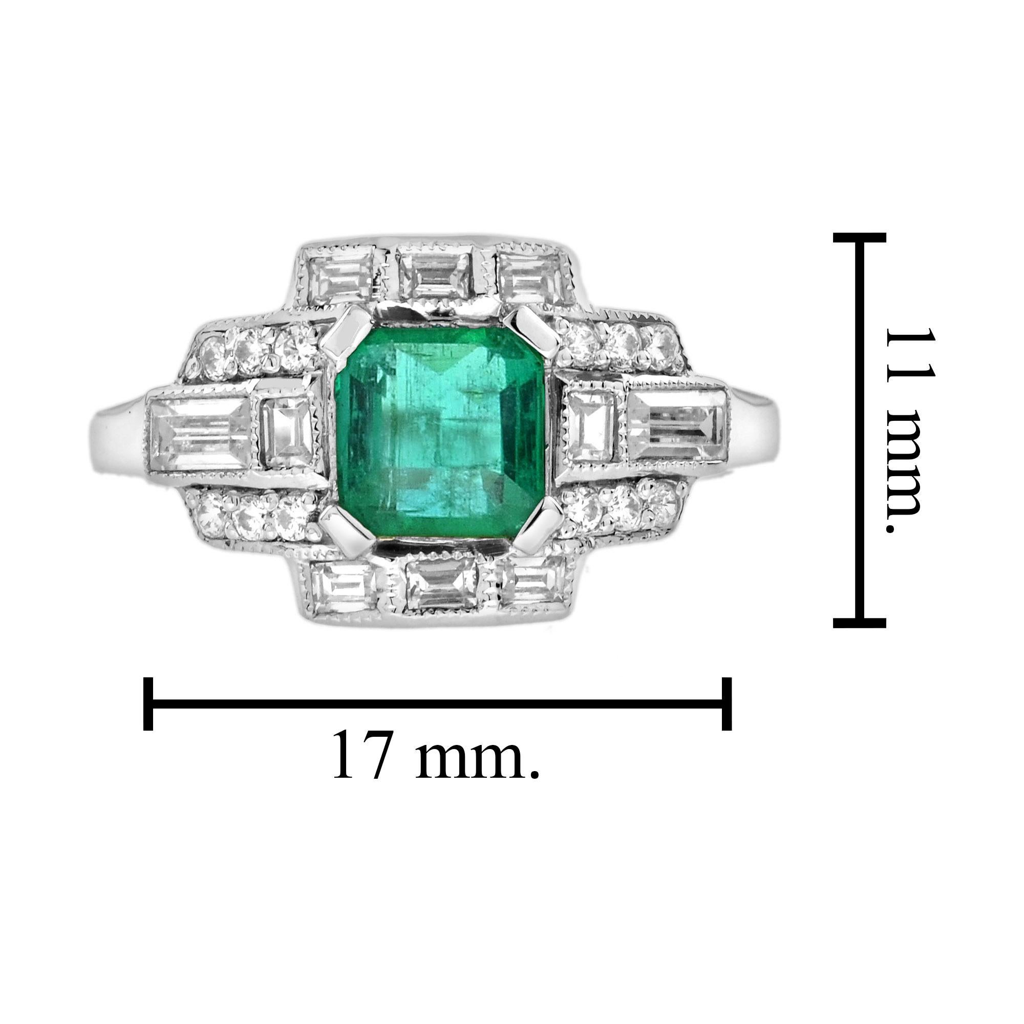 Emerald and Diamond Art Deco Style Engagement Ring in 18K White Gold For Sale 2