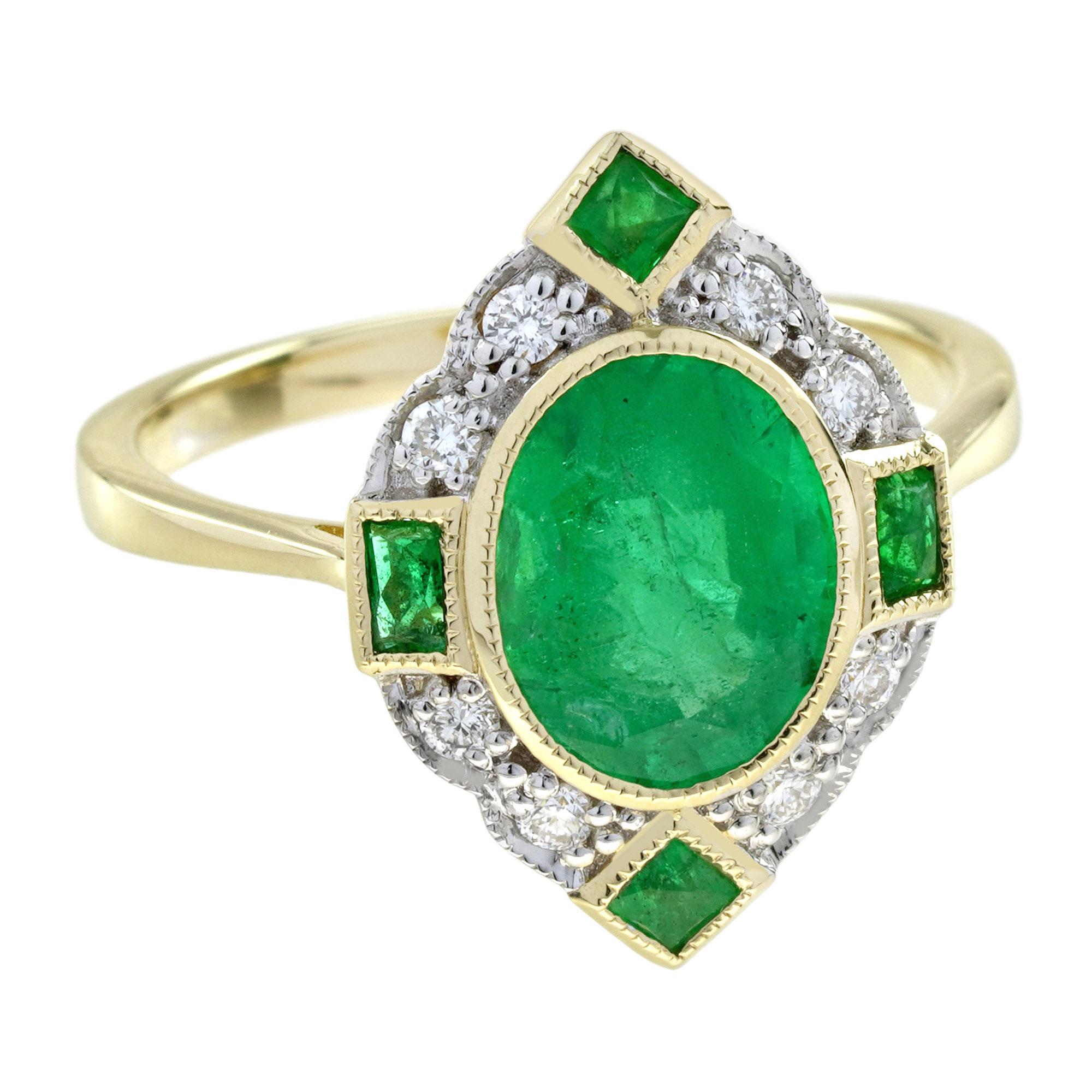 Bague de fiançailles en or jaune 18 carats avec émeraude et diamant de style Art déco en vente 1