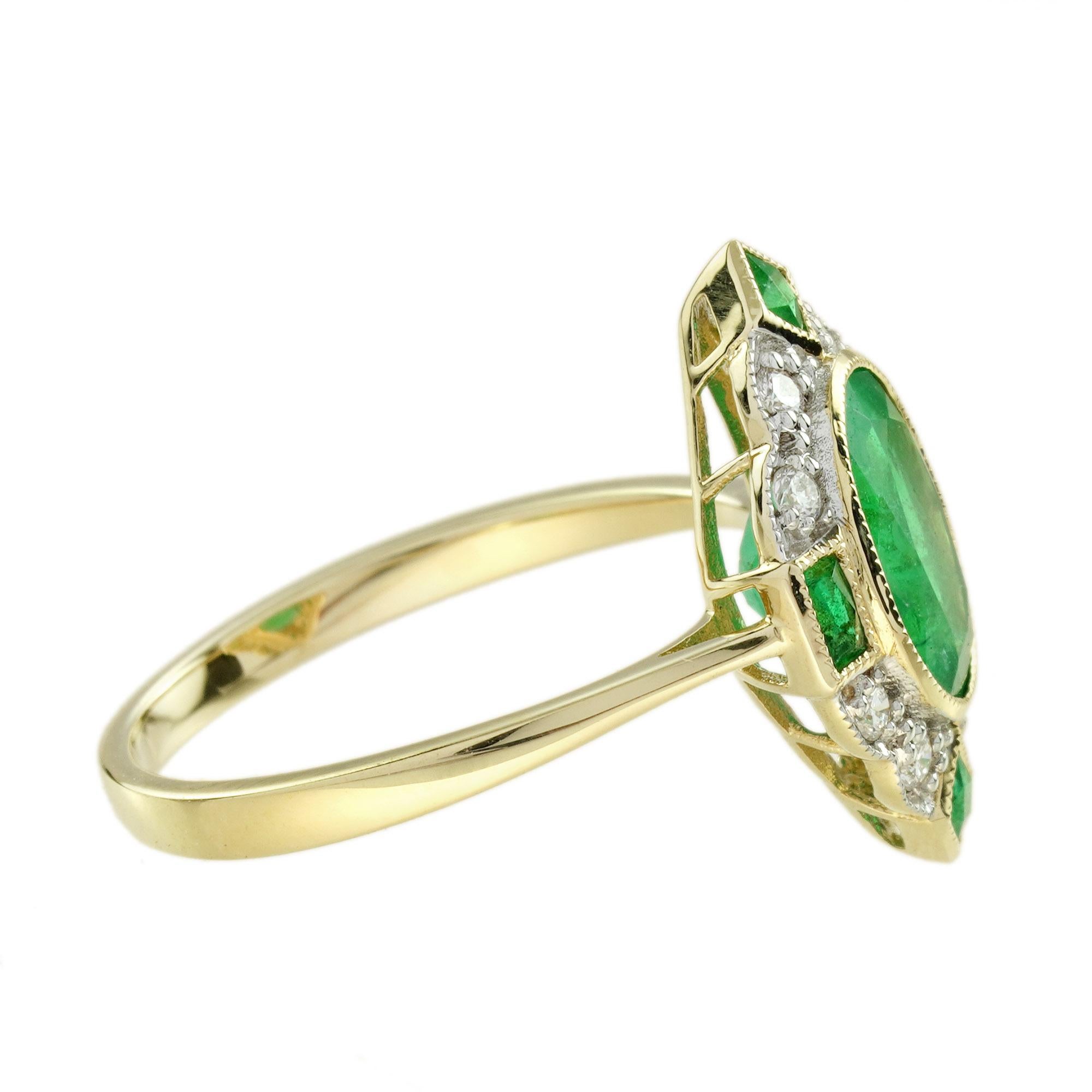 Bague de fiançailles en or jaune 18 carats avec émeraude et diamant de style Art déco en vente 2