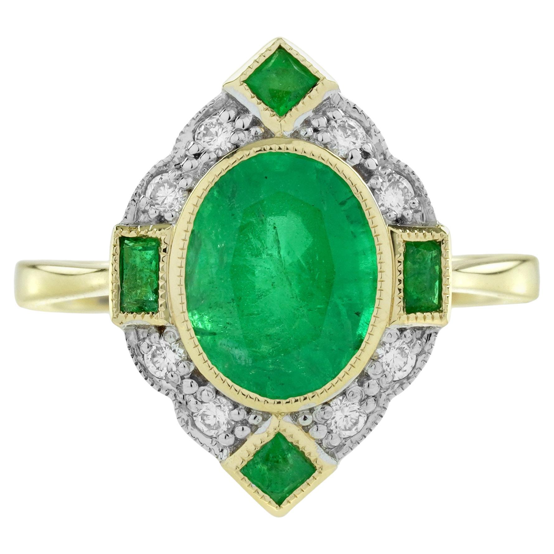 Bague de fiançailles en or jaune 18 carats avec émeraude et diamant de style Art déco