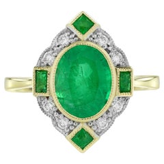 Bague de fiançailles en or jaune 18 carats avec émeraude et diamant de style Art déco