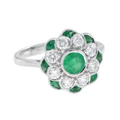 Emerald and Diamond Floral Engagement Ring, Art Deco, 14K White Gold
