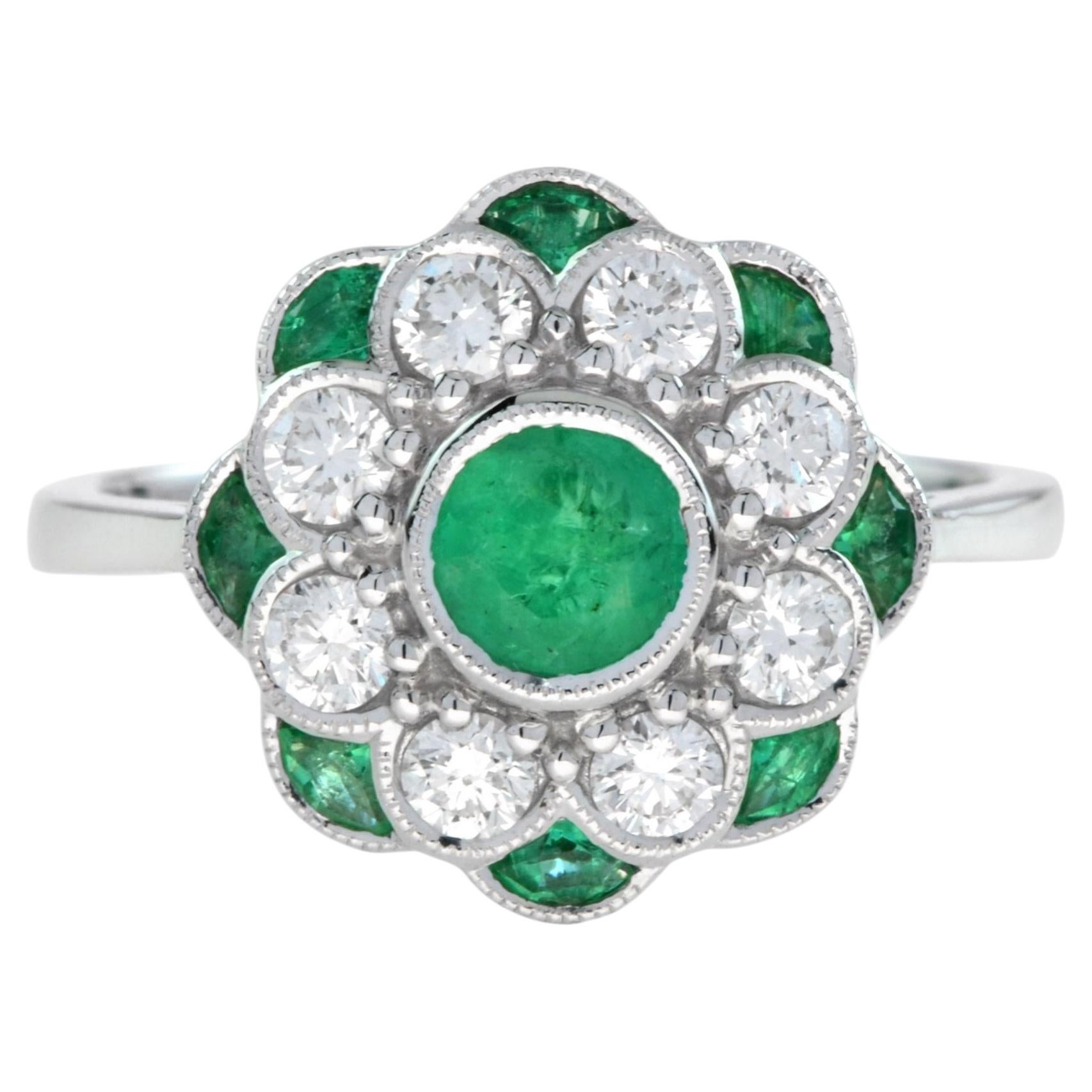 Emerald and Diamond Floral Engagement Ring, Art Deco, 14K White Gold
