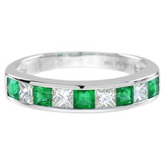 Emerald and Diamond Art Deco Style Half Eternity Band Ring in 18K White Gold