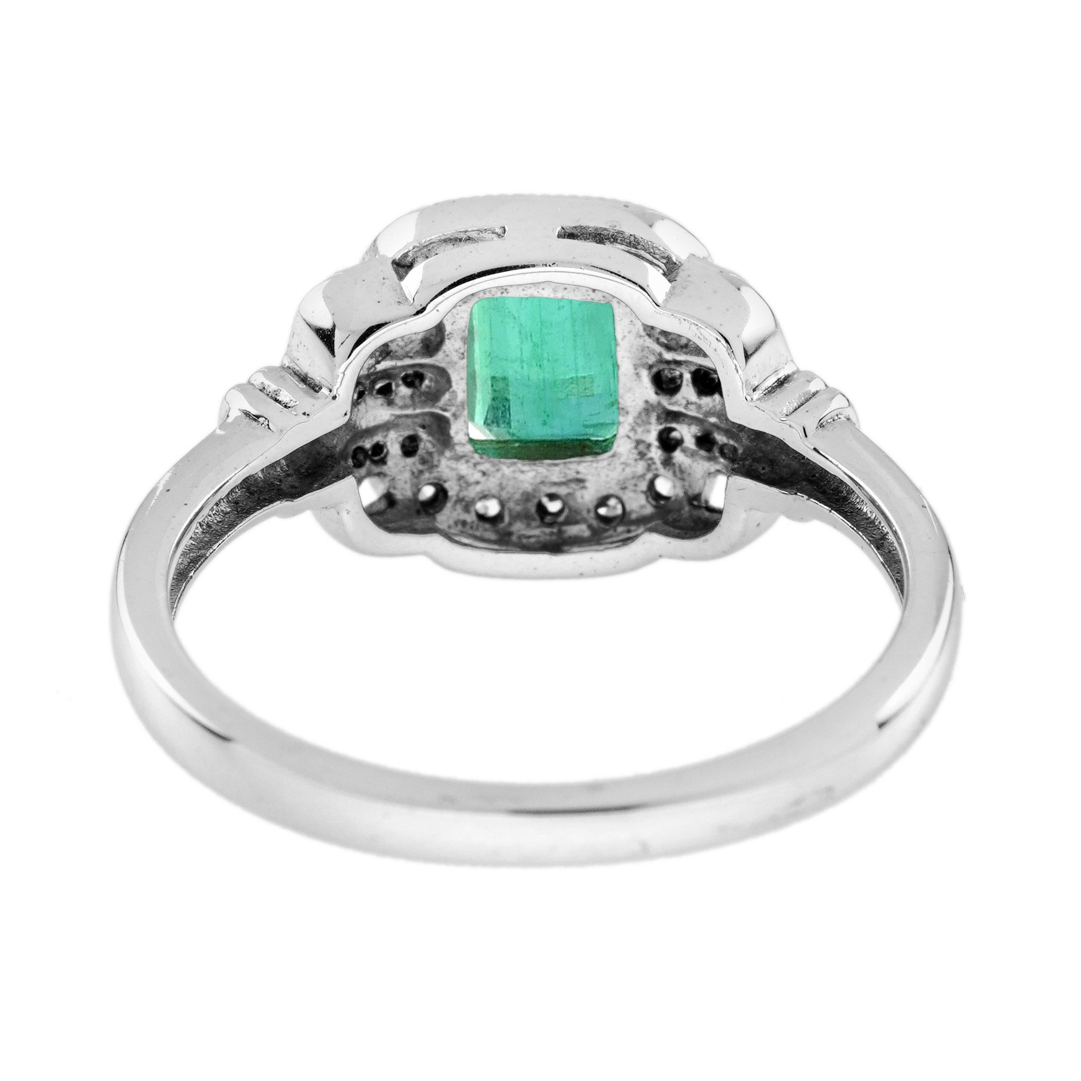 Women's Emerald and Diamond Art Deco Style Halo Engagement Ring in 18K White Gold For Sale