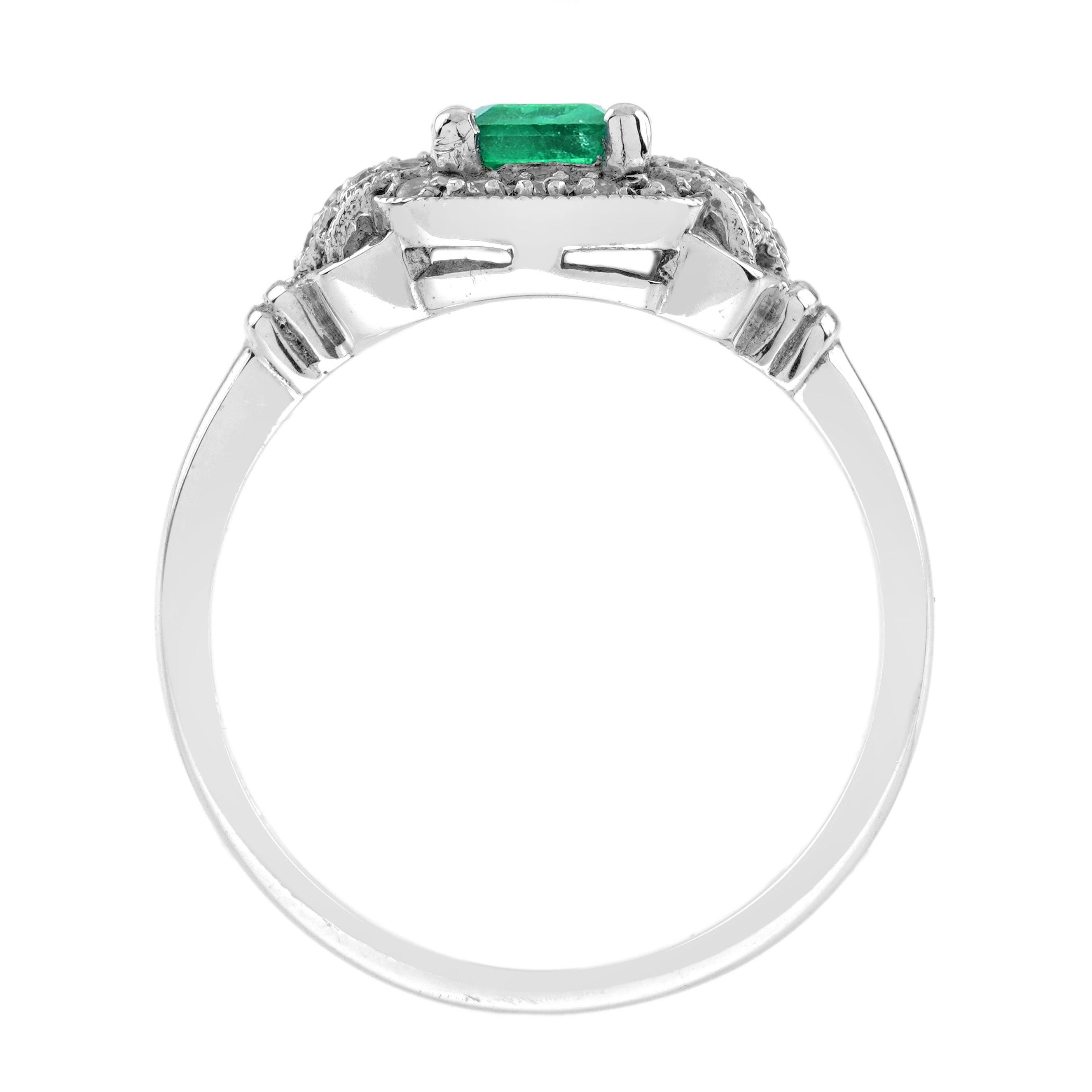 Emerald and Diamond Art Deco Style Halo Engagement Ring in 18K White Gold For Sale 1