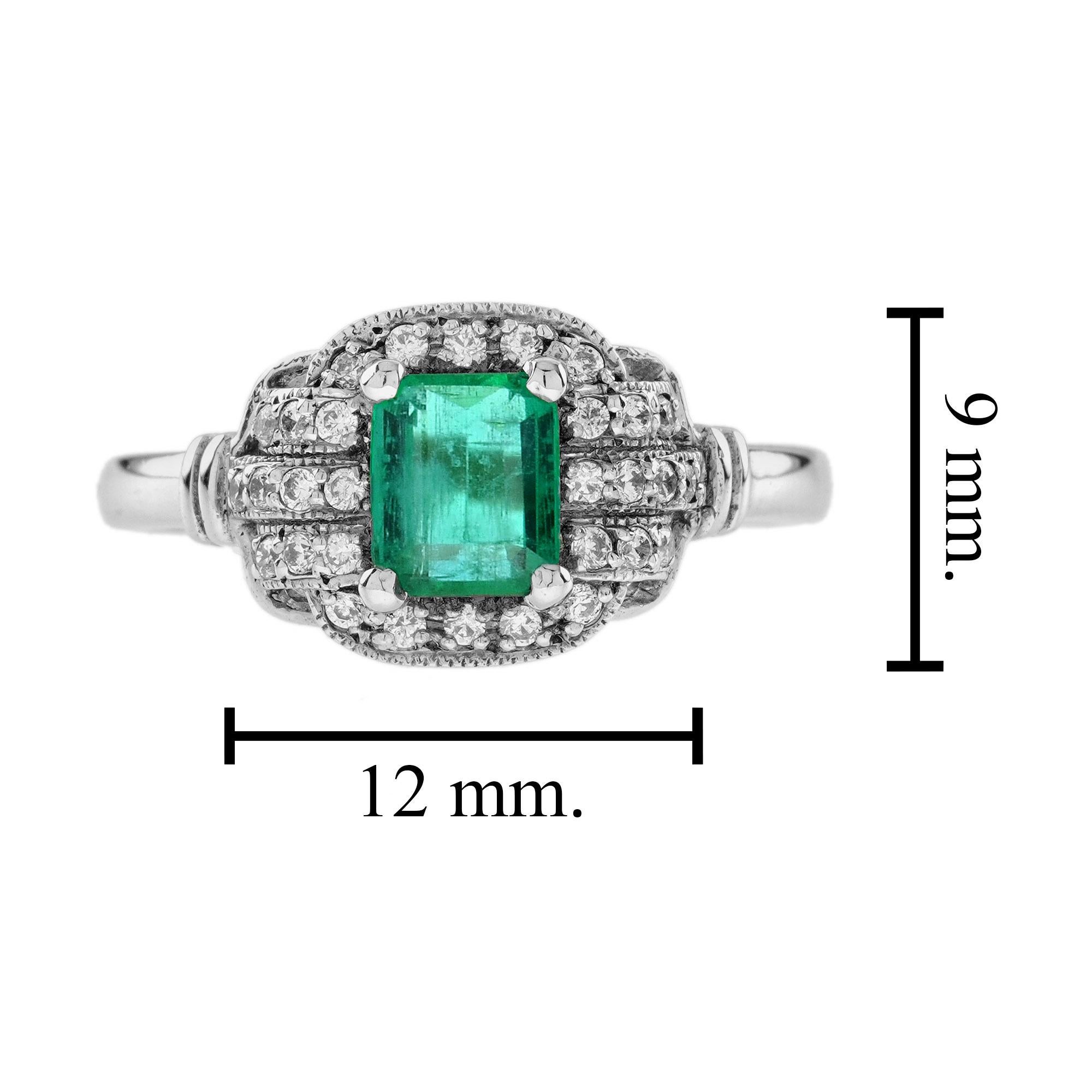 Emerald and Diamond Art Deco Style Halo Engagement Ring in 18K White Gold For Sale 2