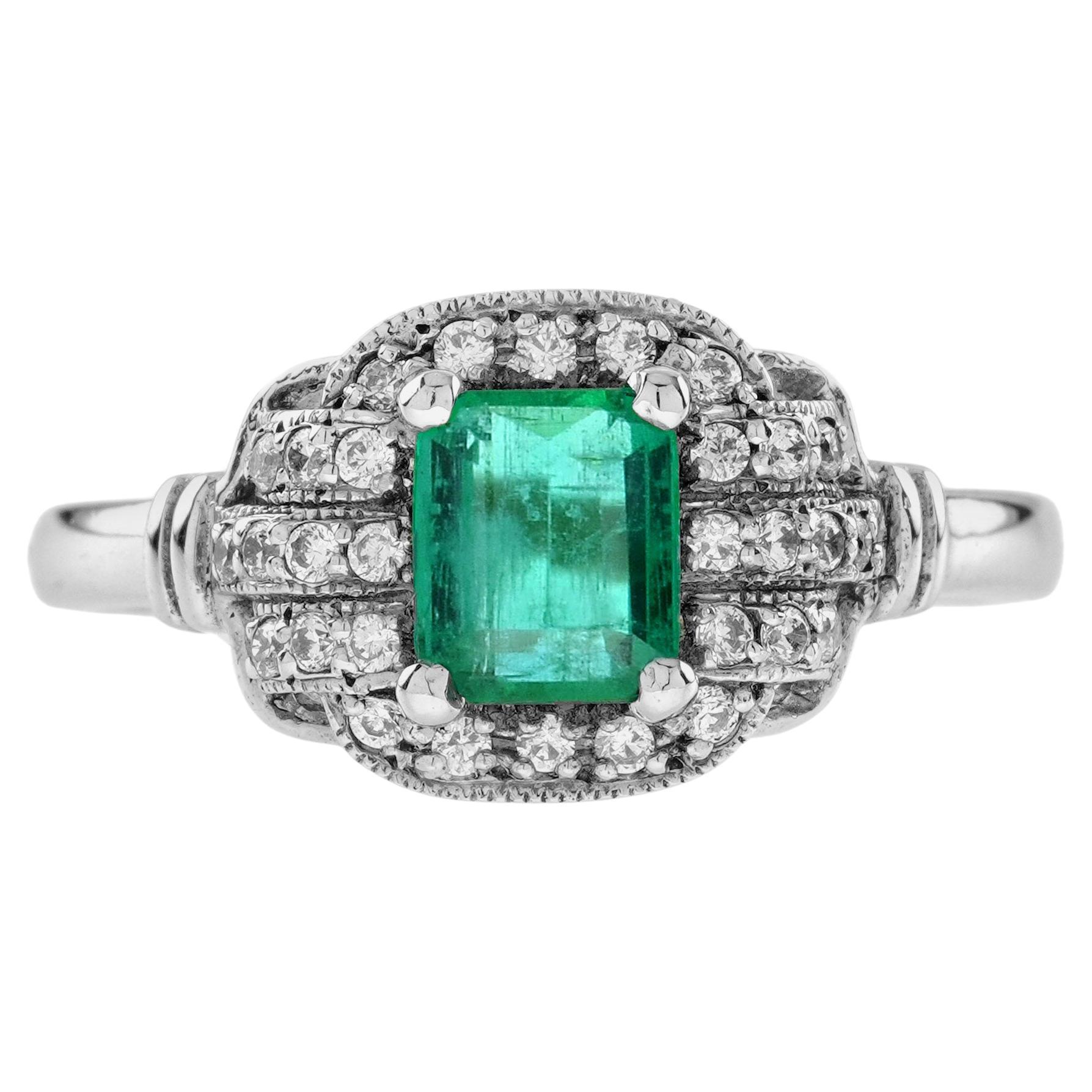 Emerald and Diamond Art Deco Style Halo Engagement Ring in 18K White Gold