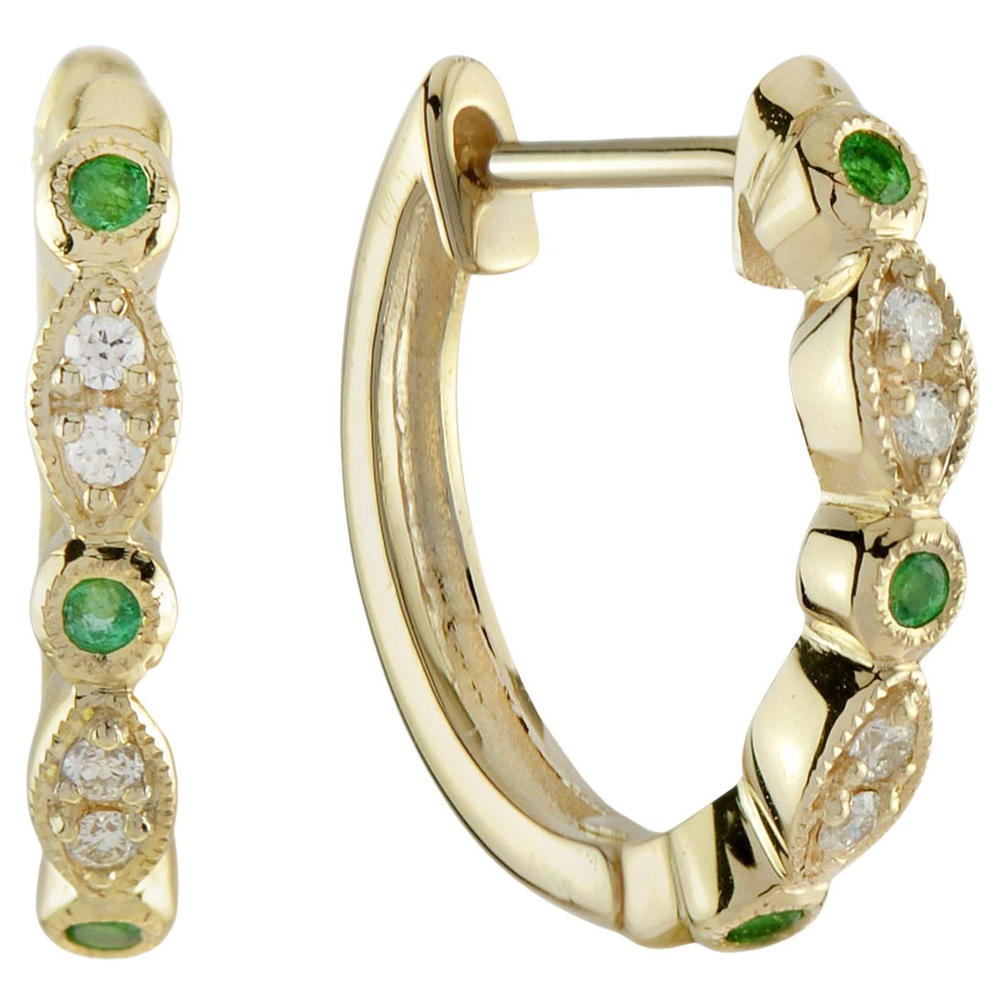 Emerald and Diamond Art Deco Style Huggie Earrings in 14K Yellow Gold For Sale