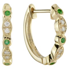 Emerald and Diamond Art Deco Style Huggie Earrings in 14K Yellow Gold