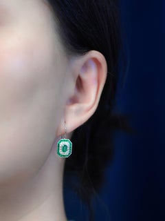 Emerald and Diamond Art Deco Style Lever Back Earrings in 14K White Gold