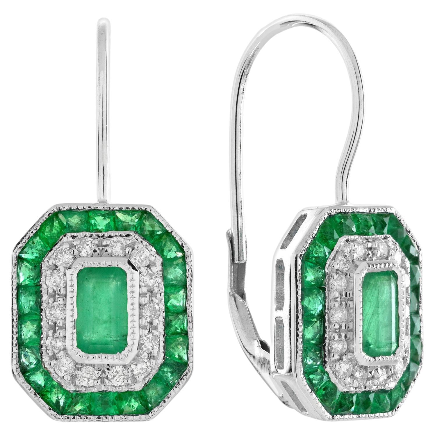 Orecchini a leva con smeraldo e diamante in stile Art Déco in oro bianco 14K