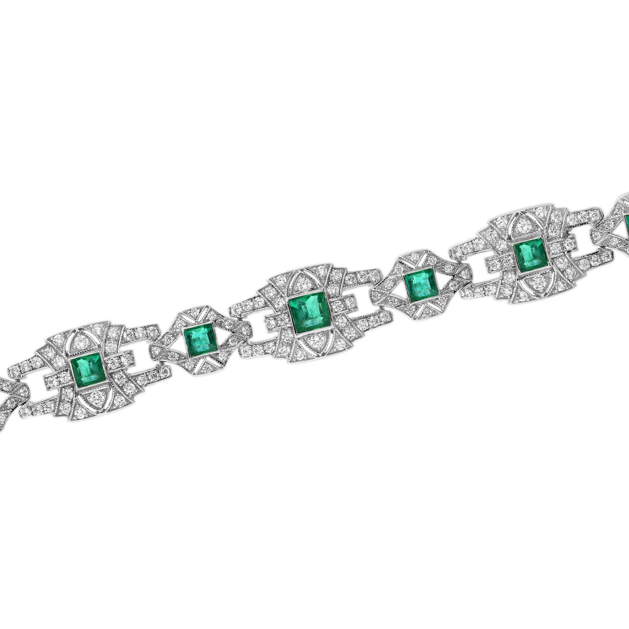Bracelet à maillons en or blanc 18 carats avec émeraudes et diamants de style Art déco Pour femmes en vente