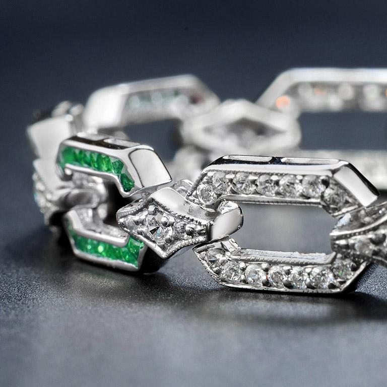 Bracelet à maillons en or blanc 18 carats avec émeraudes et diamants de style Art déco Pour femmes en vente