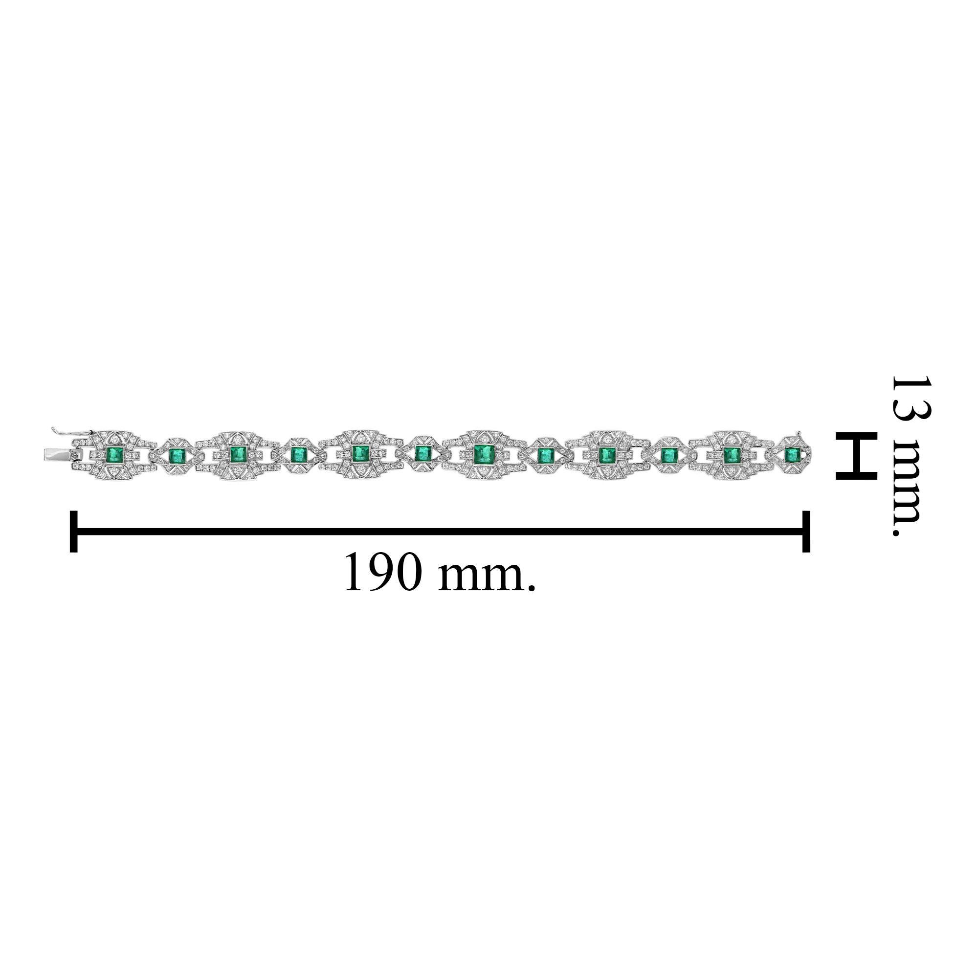 Bracelet à maillons en or blanc 18 carats avec émeraudes et diamants de style Art déco en vente 1