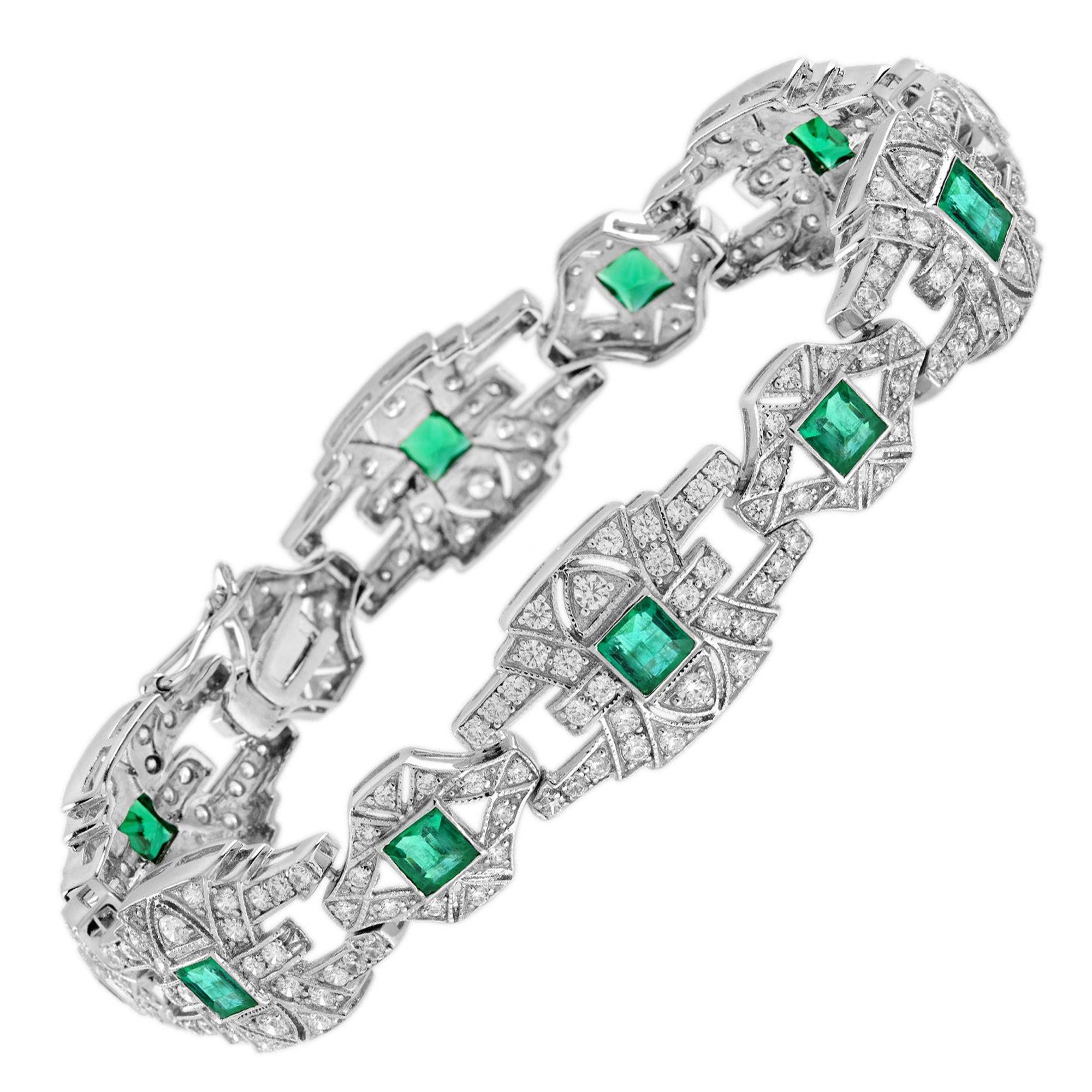 Emerald and Diamond Art Deco Style Link Bracelet in 18K White Gold For Sale